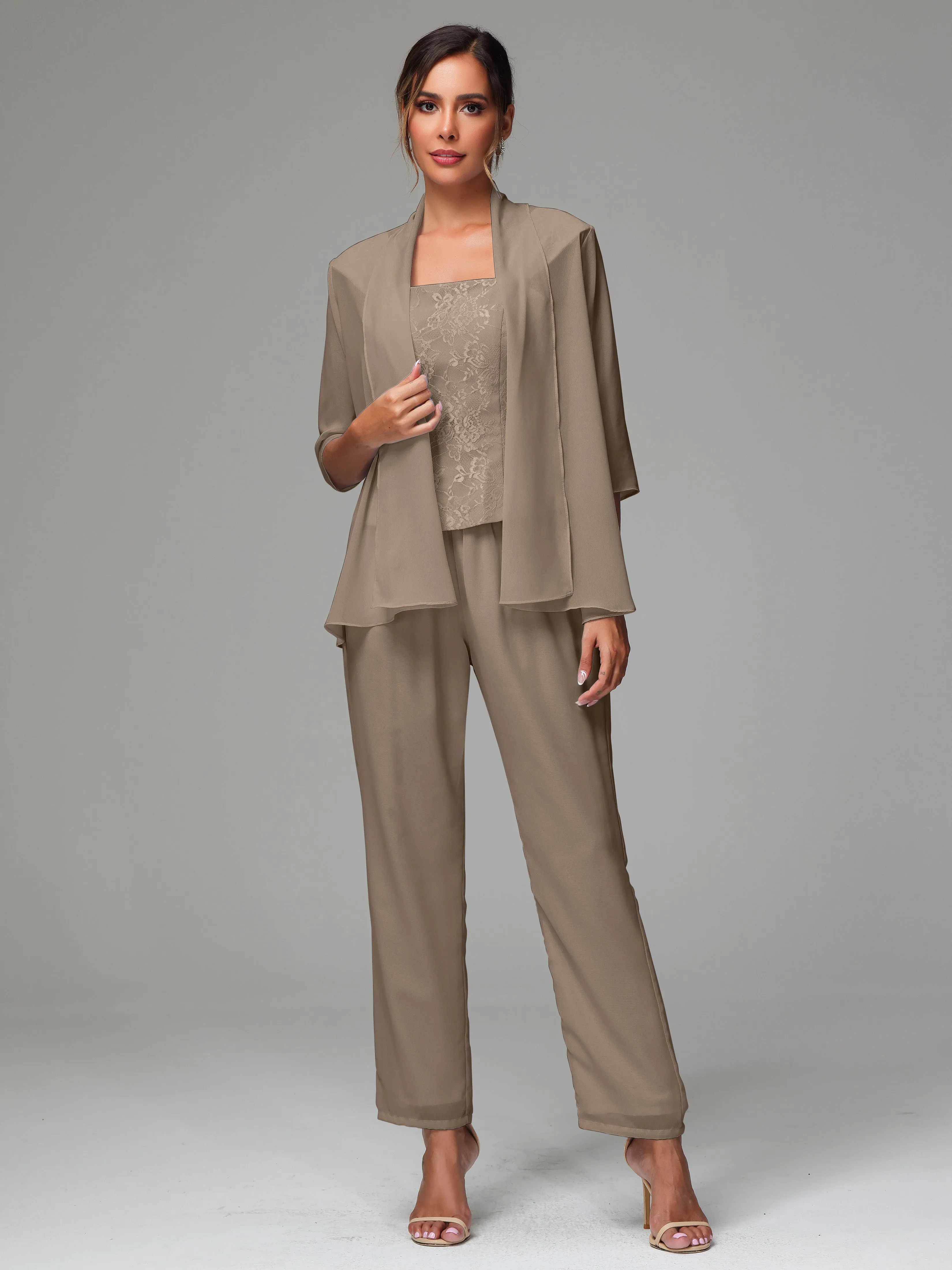 3 Pieces Chiffon Lace Long Sleeves Mother Of The Bride Dress Pants Suits