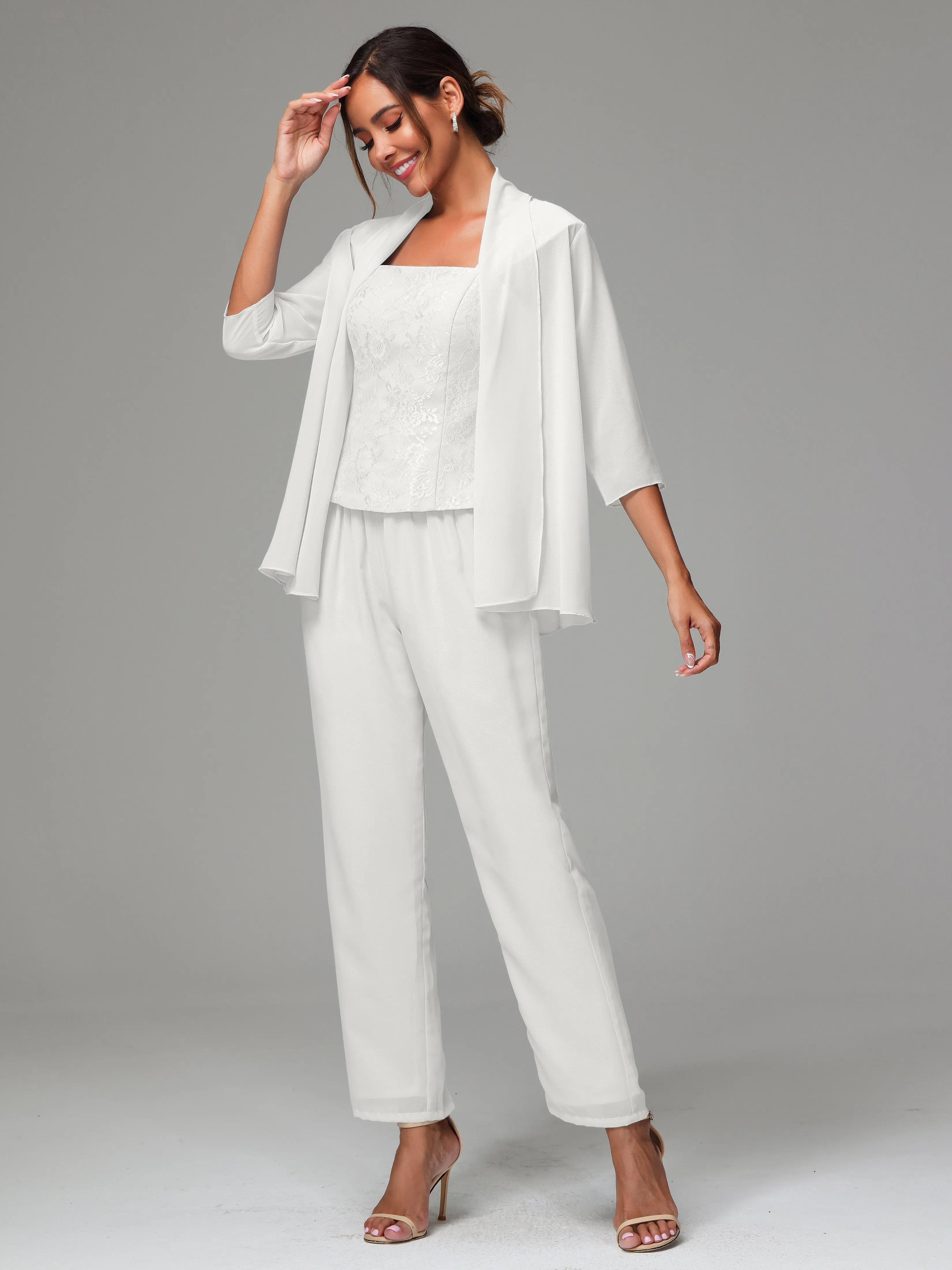 3 Pieces Chiffon Lace Long Sleeves Mother Of The Bride Dress Pants Suits