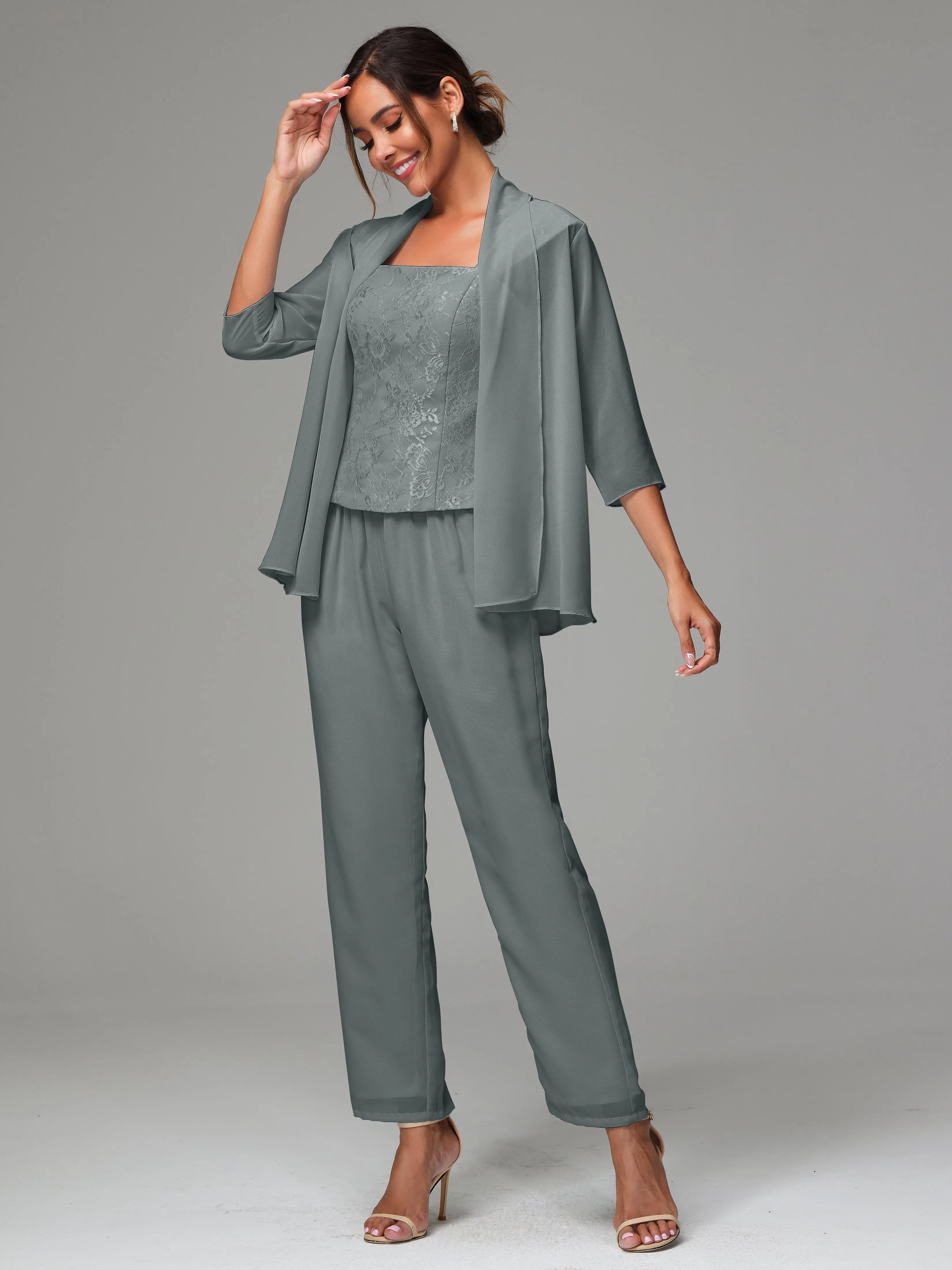 3 Pieces Chiffon Lace Long Sleeves Mother Of The Bride Dress Pants Suits
