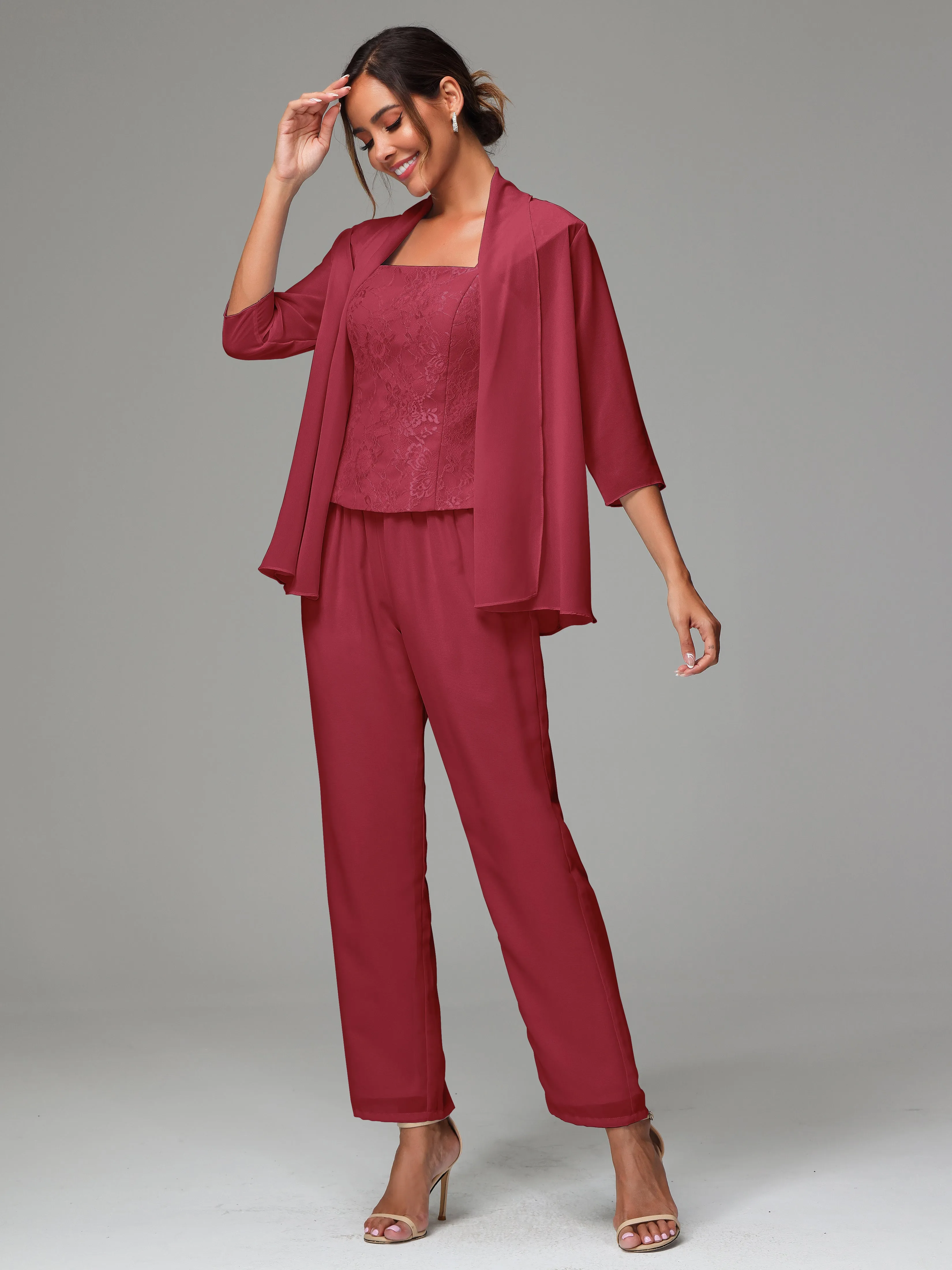 3 Pieces Chiffon Lace Long Sleeves Mother Of The Bride Dress Pants Suits