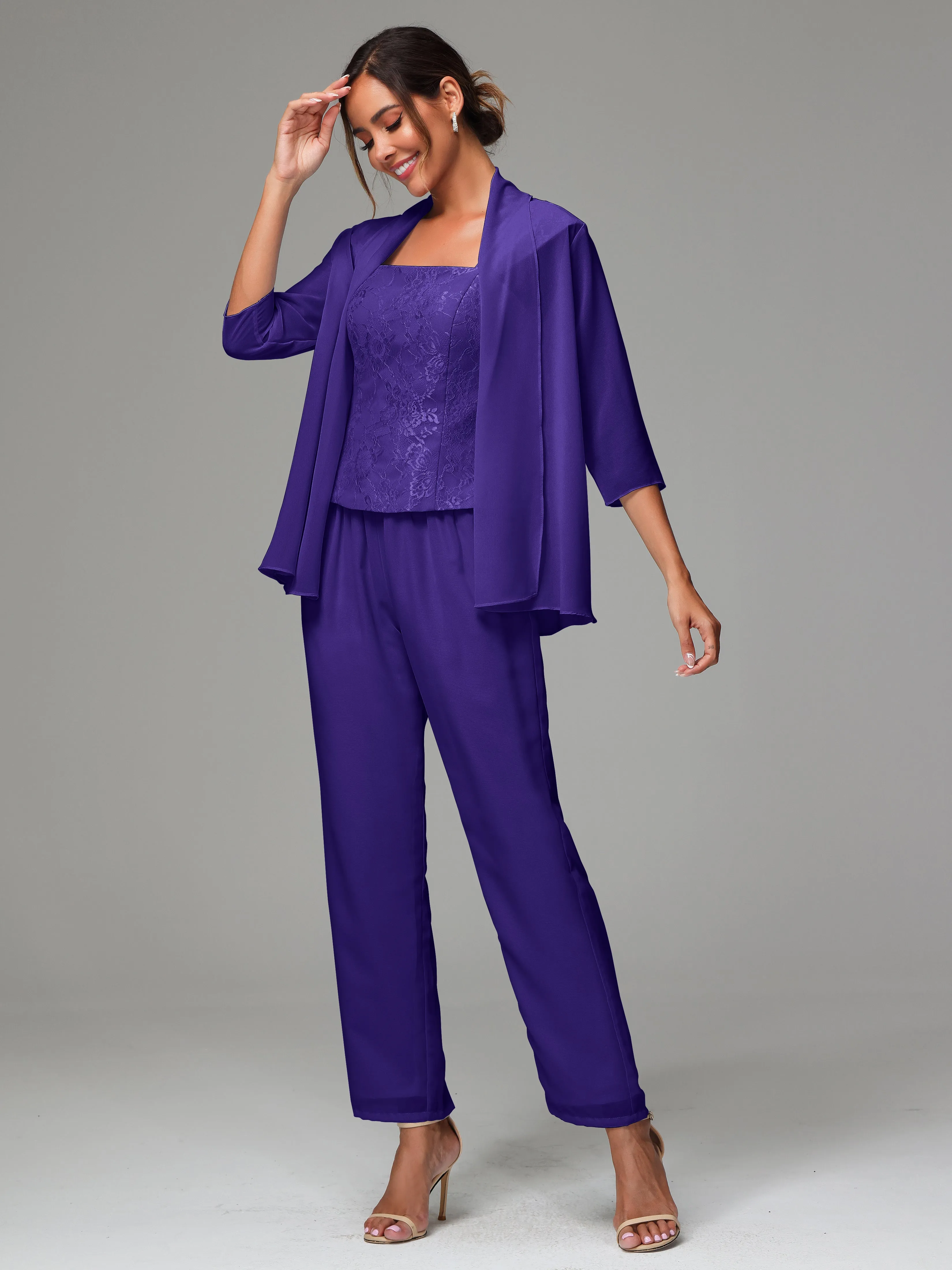 3 Pieces Chiffon Lace Long Sleeves Mother Of The Bride Dress Pants Suits