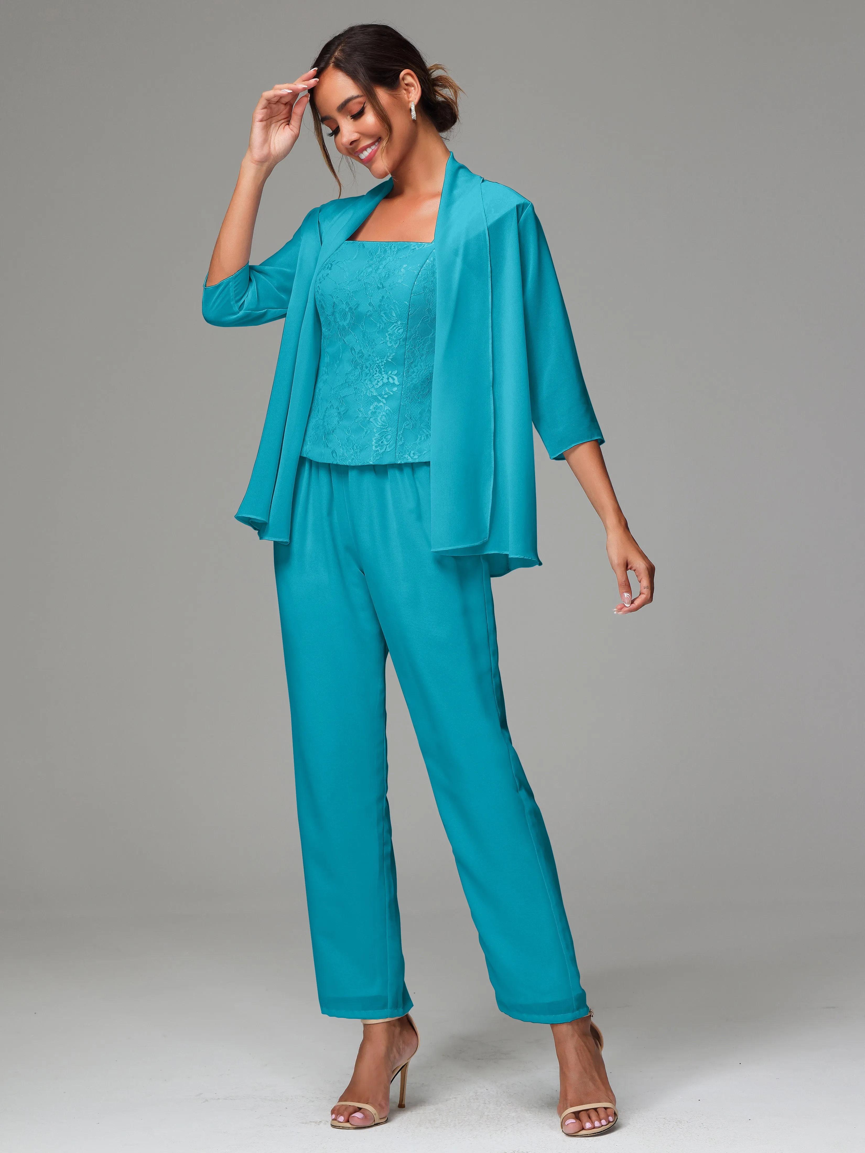 3 Pieces Chiffon Lace Long Sleeves Mother Of The Bride Dress Pants Suits