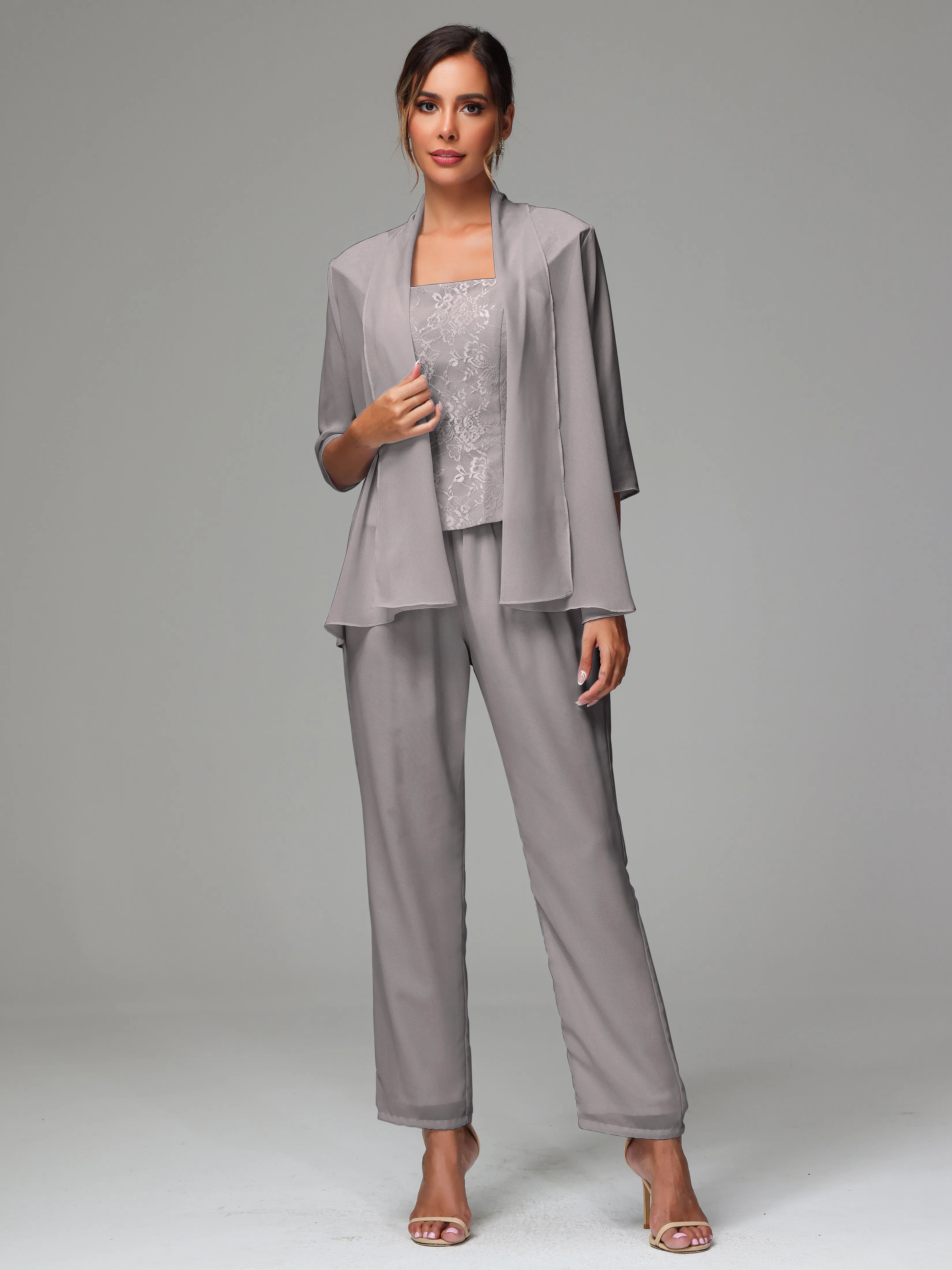 3 Pieces Chiffon Lace Long Sleeves Mother Of The Bride Dress Pants Suits