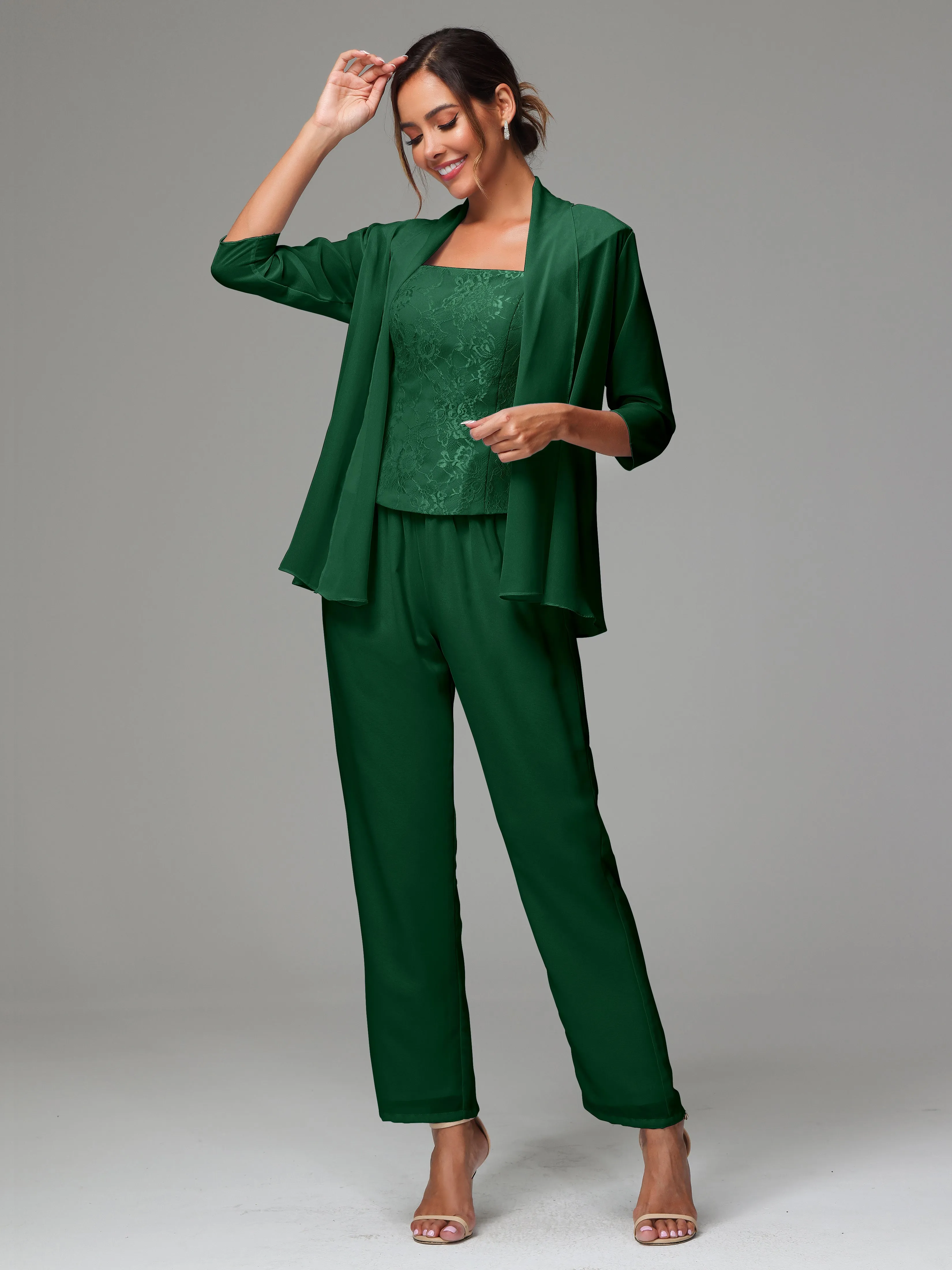 3 Pieces Chiffon Lace Long Sleeves Mother Of The Bride Dress Pants Suits