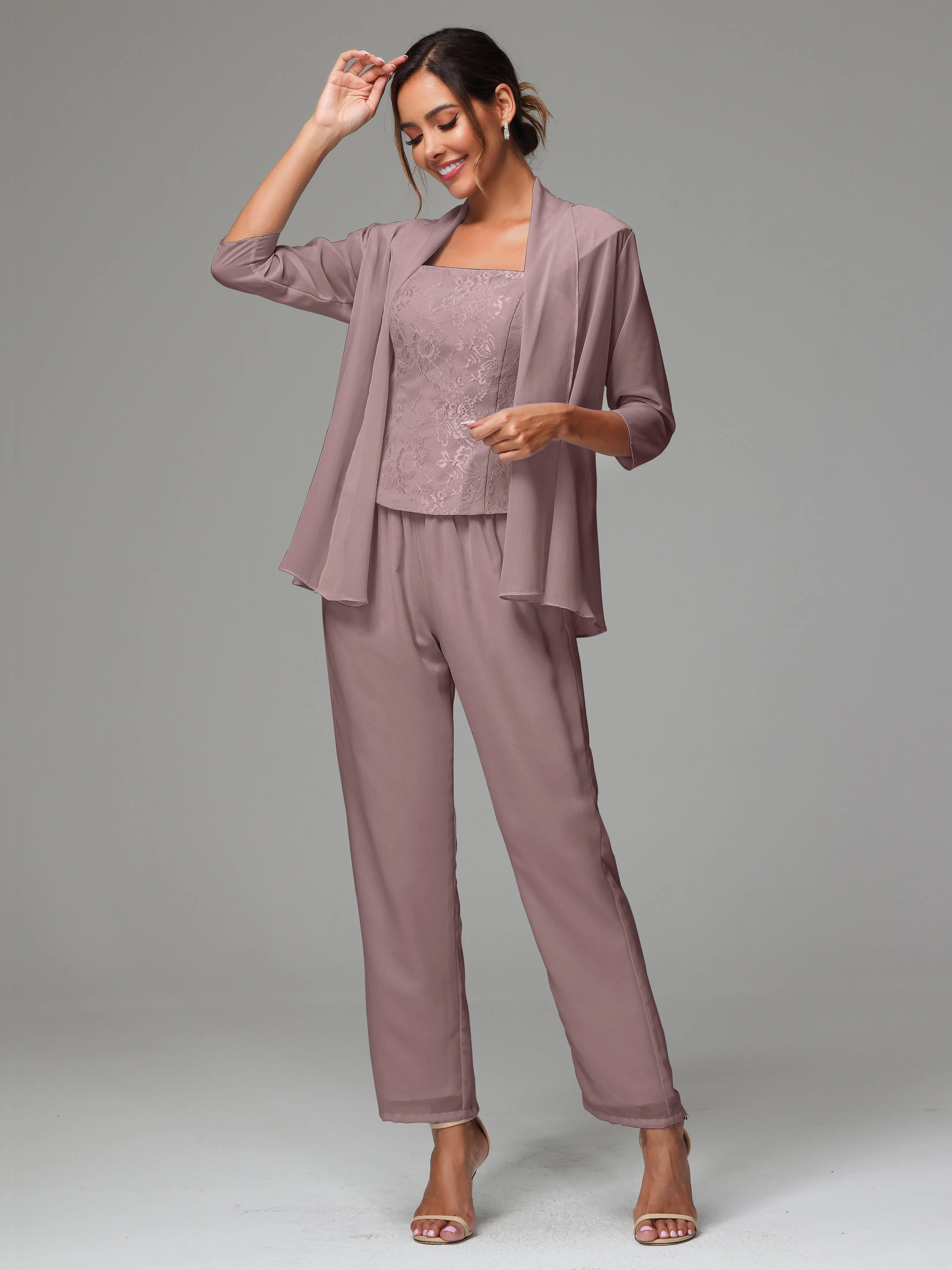 3 Pieces Chiffon Lace Long Sleeves Mother Of The Bride Dress Pants Suits
