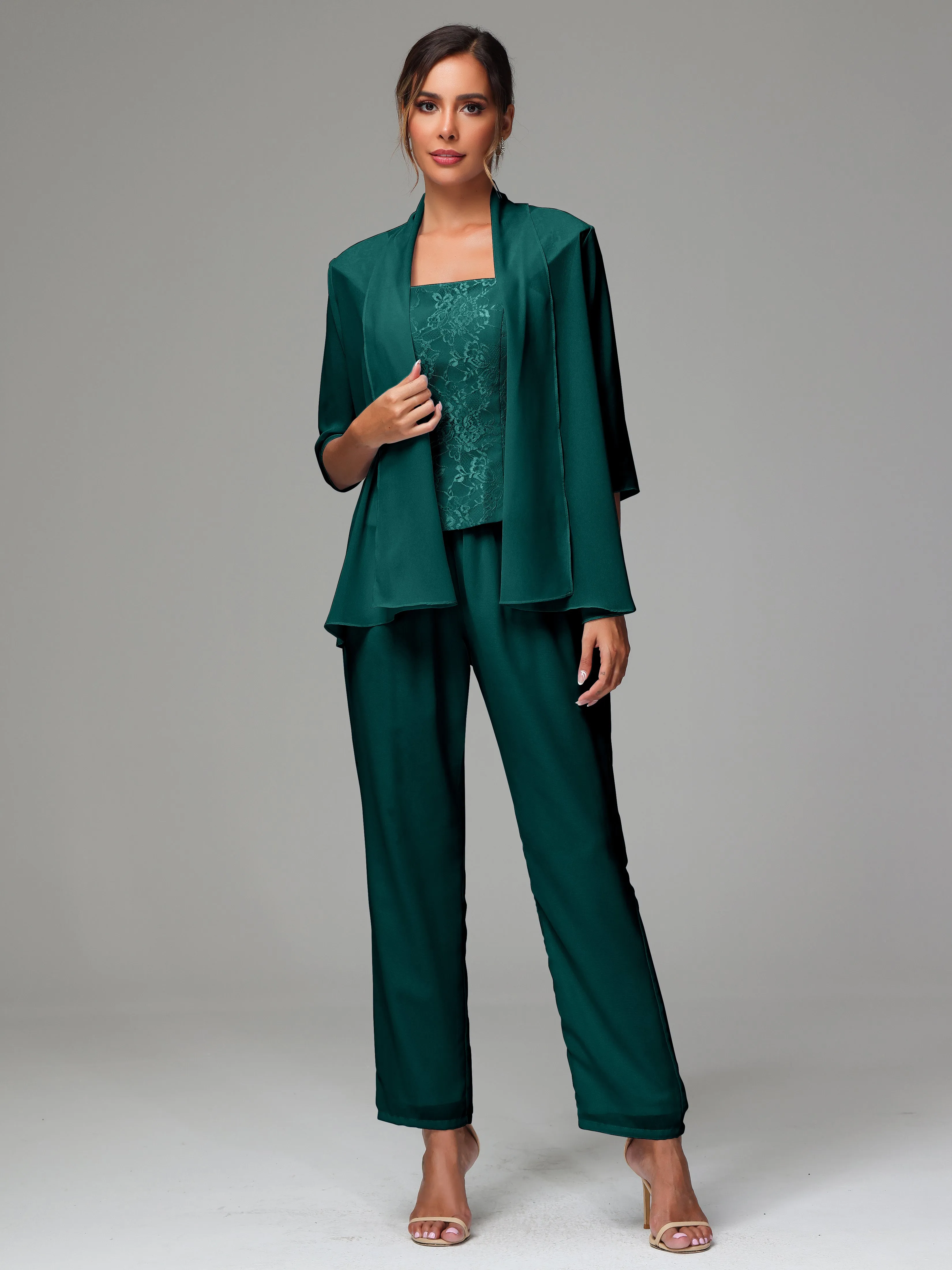 3 Pieces Chiffon Lace Long Sleeves Mother Of The Bride Dress Pants Suits