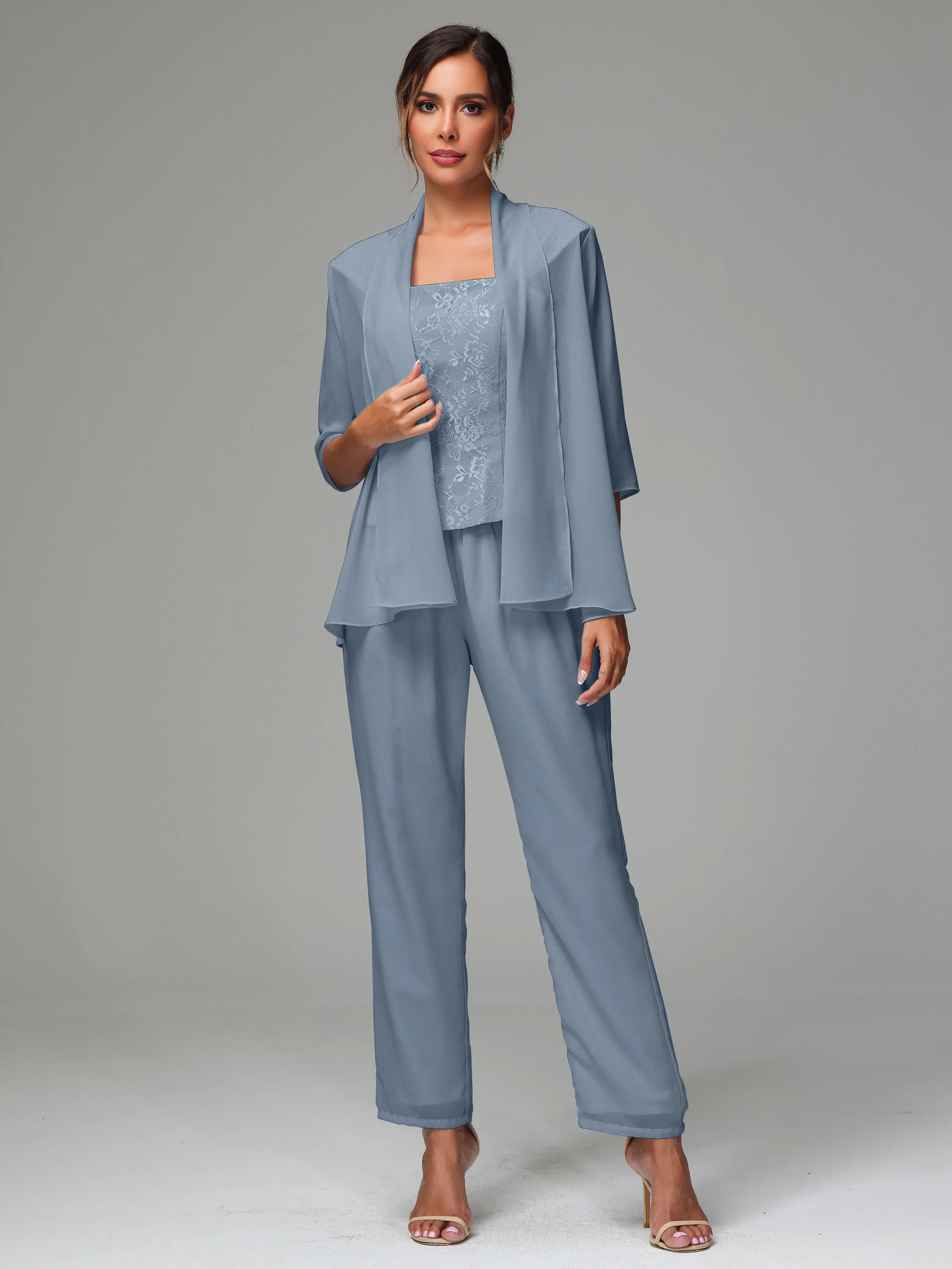 3 Pieces Chiffon Lace Long Sleeves Mother Of The Bride Dress Pants Suits