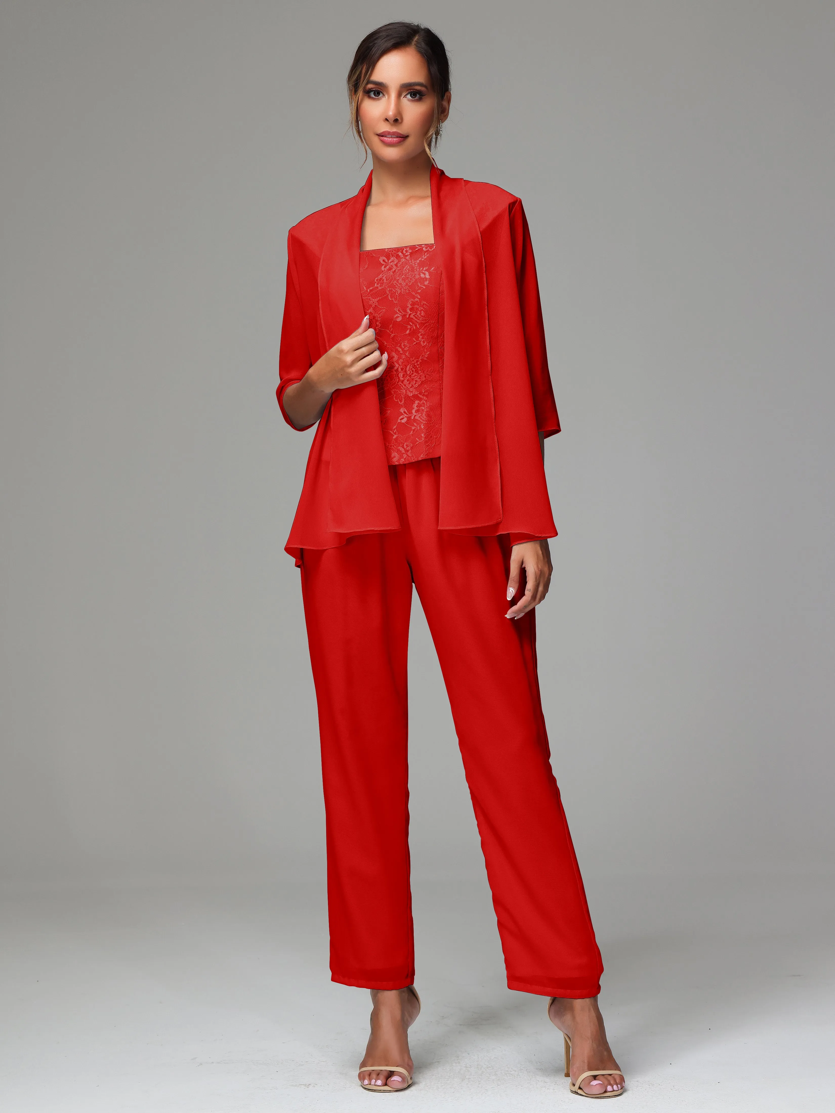 3 Pieces Chiffon Lace Long Sleeves Mother Of The Bride Dress Pants Suits