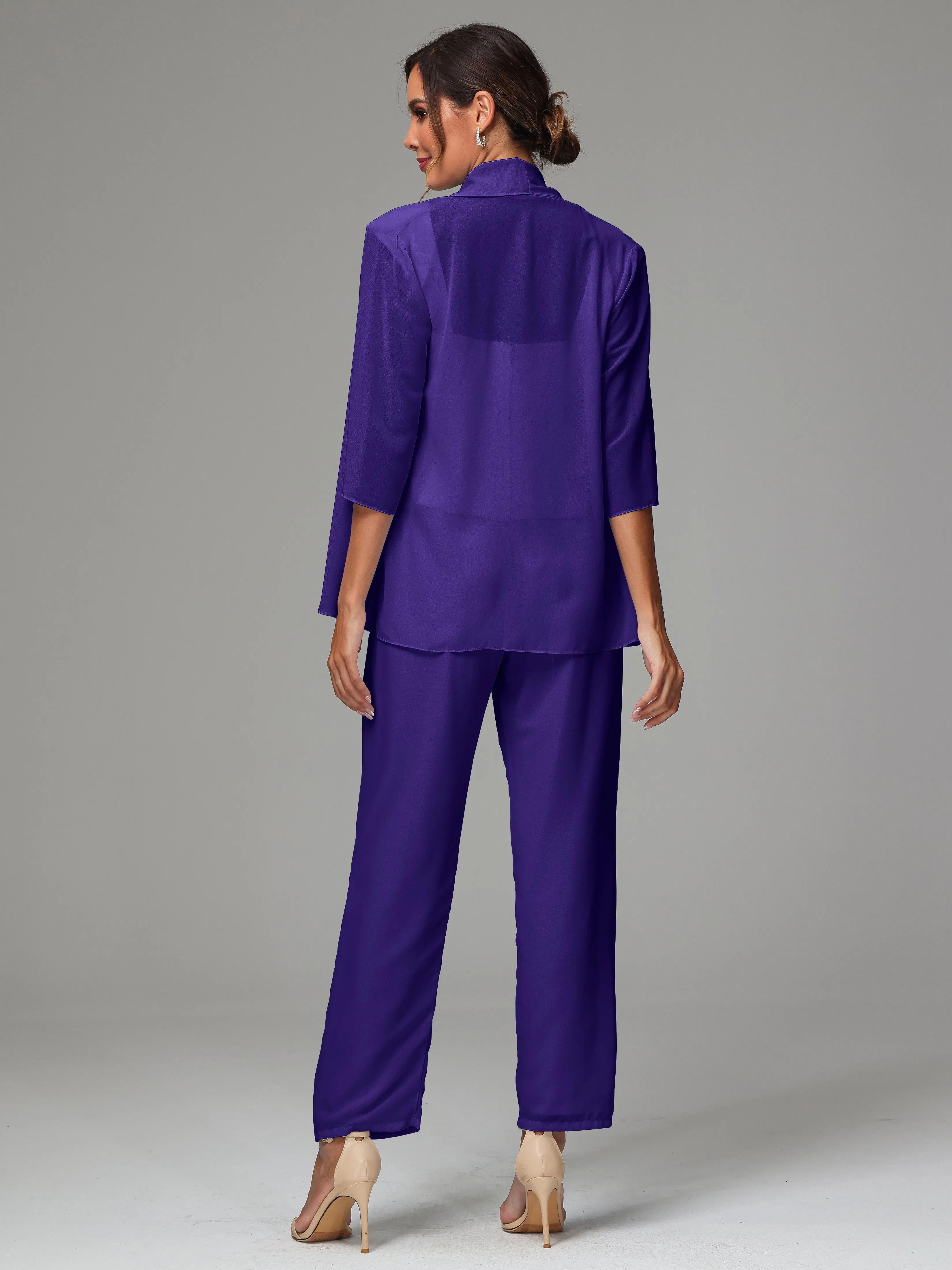 3 Pieces Chiffon Lace Long Sleeves Mother Of The Bride Dress Pants Suits