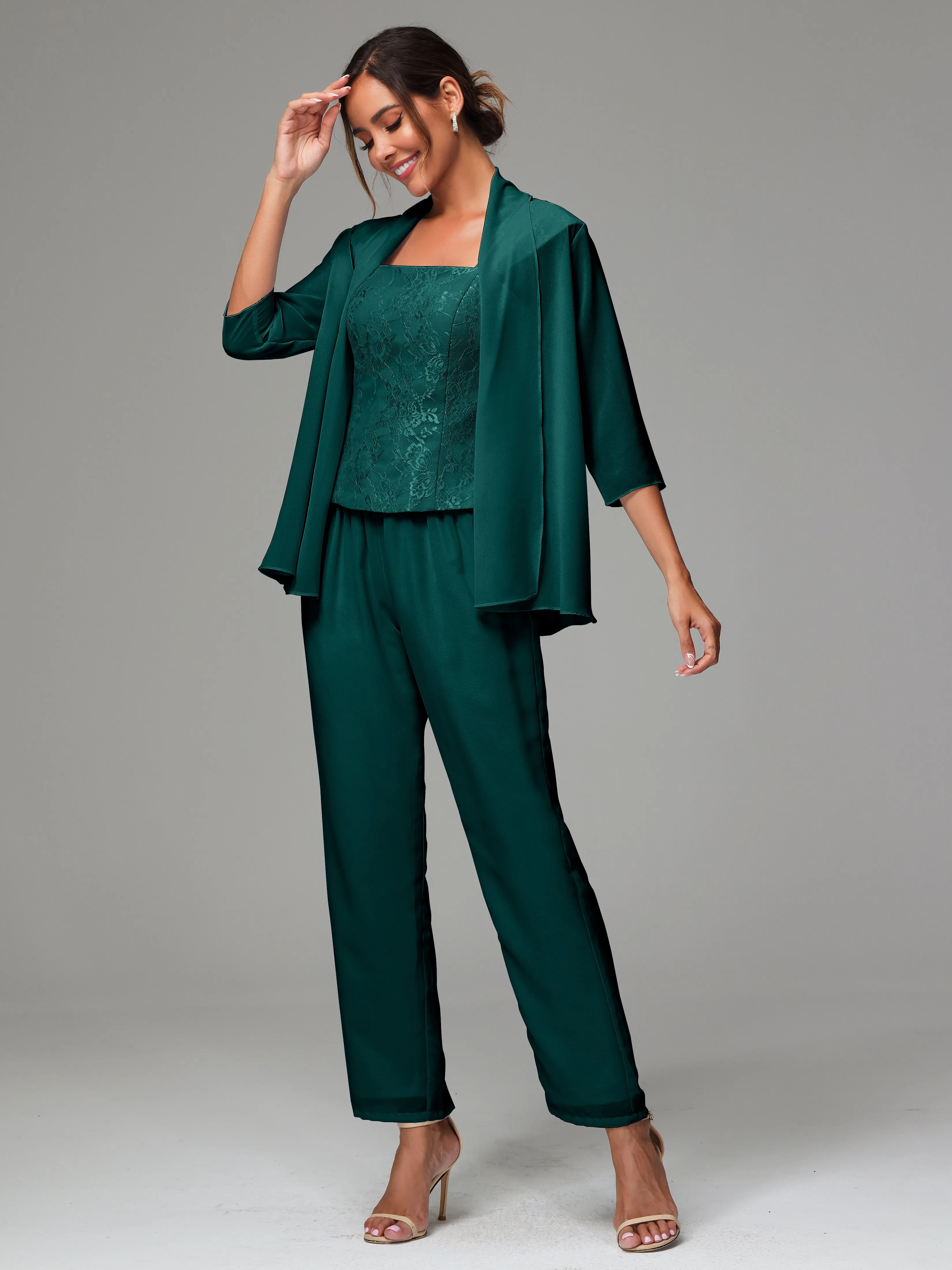 3 Pieces Chiffon Lace Long Sleeves Mother Of The Bride Dress Pants Suits