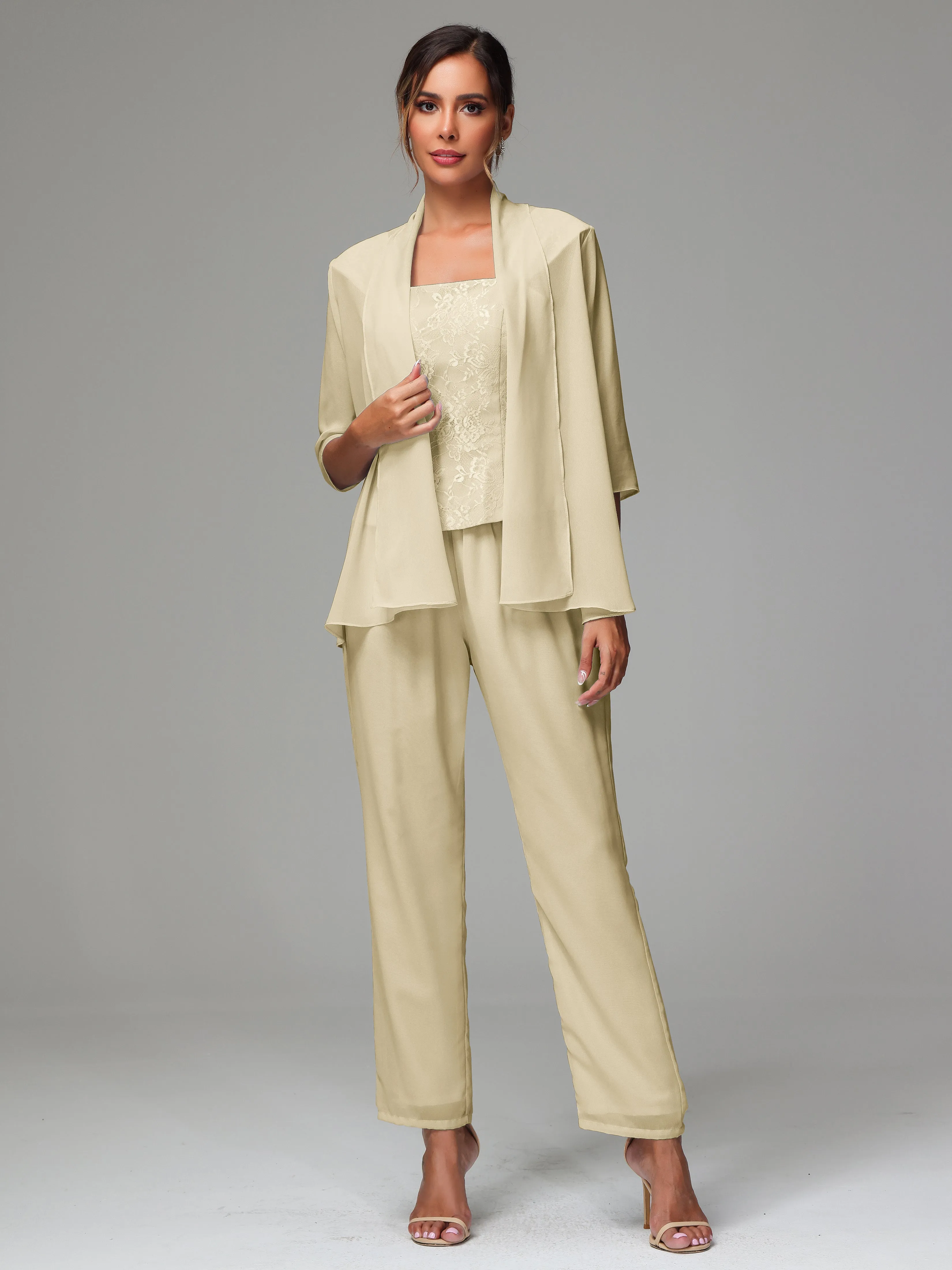 3 Pieces Chiffon Lace Long Sleeves Mother Of The Bride Dress Pants Suits