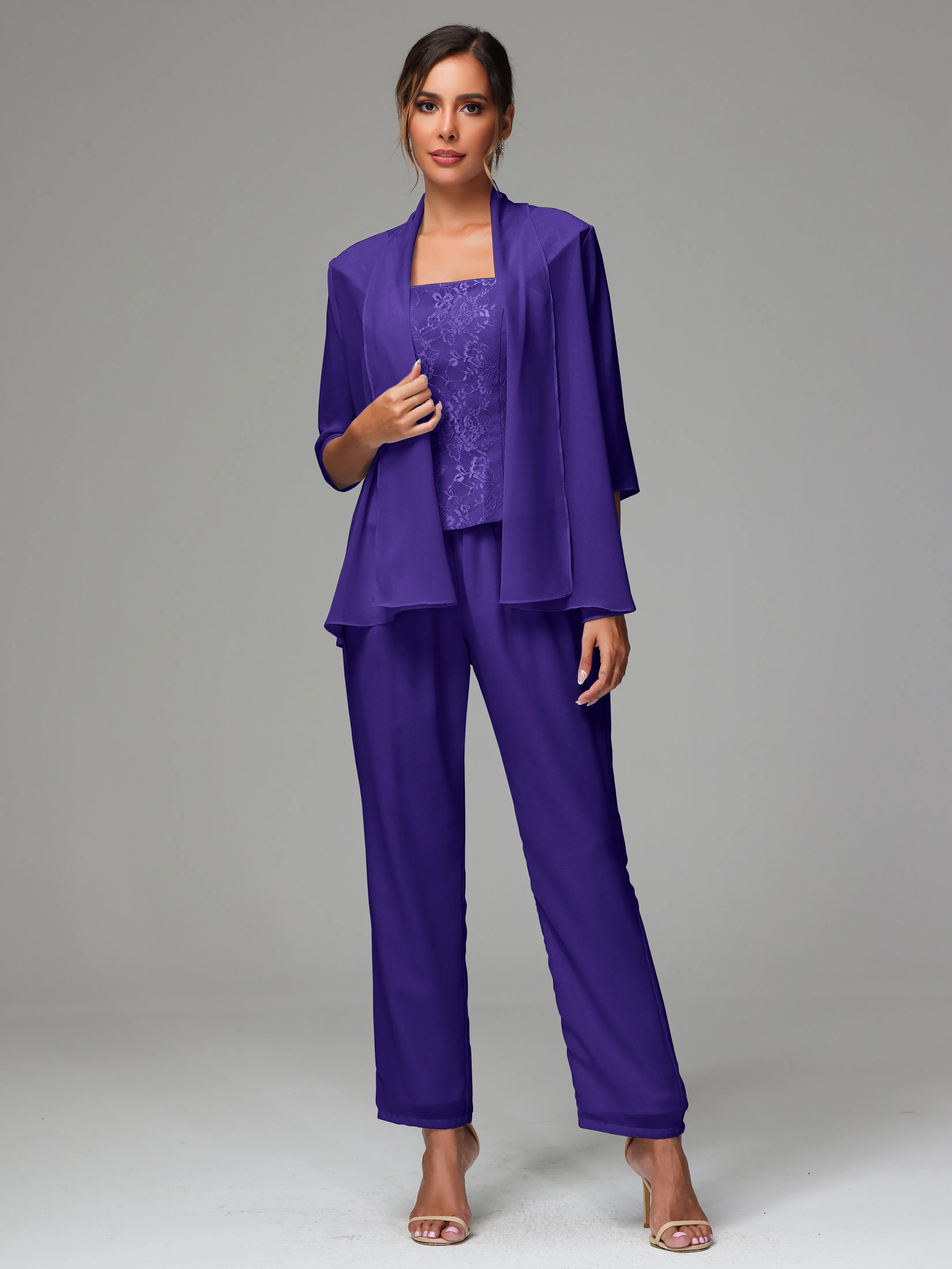 3 Pieces Chiffon Lace Long Sleeves Mother Of The Bride Dress Pants Suits