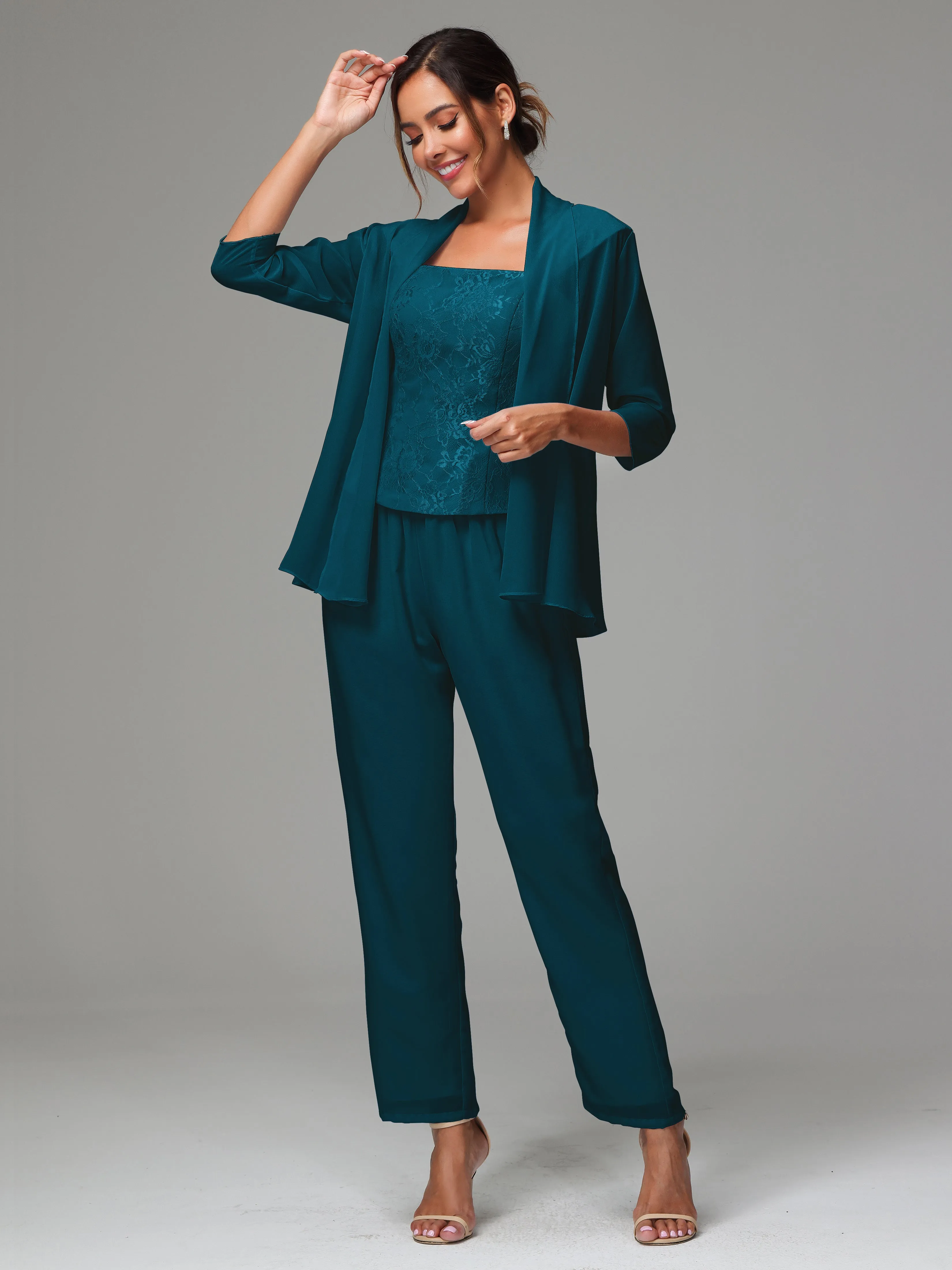 3 Pieces Chiffon Lace Long Sleeves Mother Of The Bride Dress Pants Suits