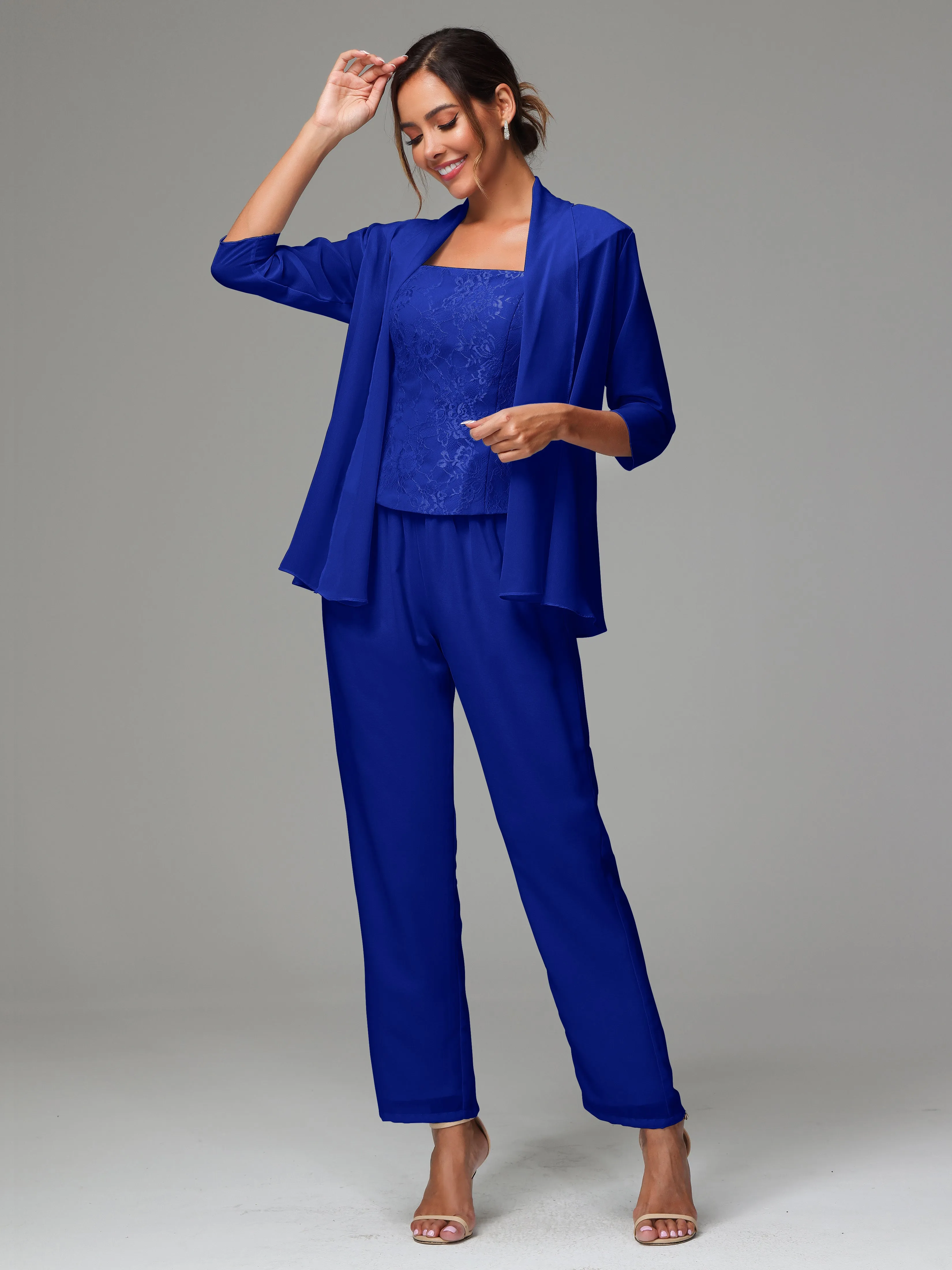 3 Pieces Chiffon Lace Long Sleeves Mother Of The Bride Dress Pants Suits