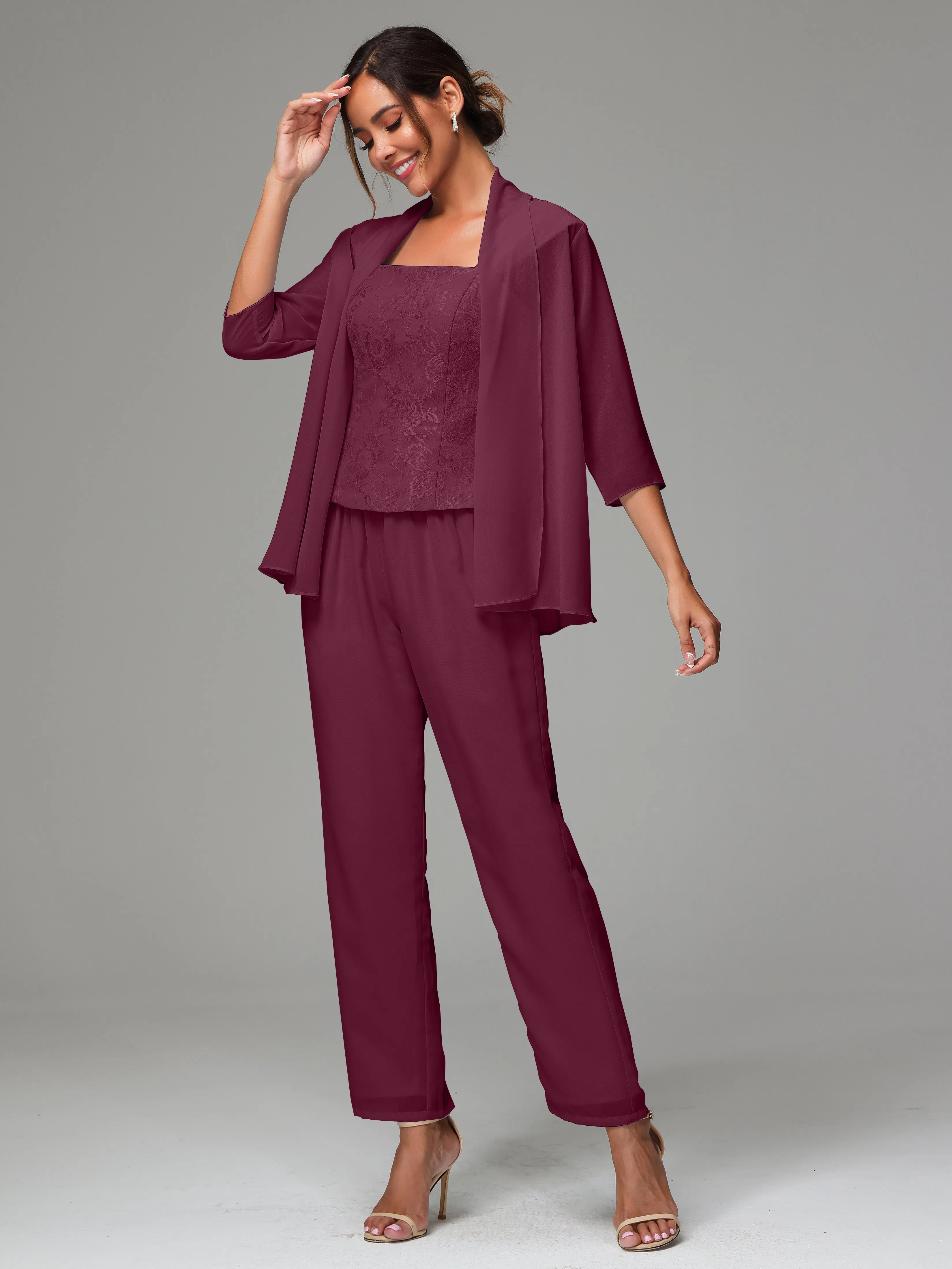 3 Pieces Chiffon Lace Long Sleeves Mother Of The Bride Dress Pants Suits
