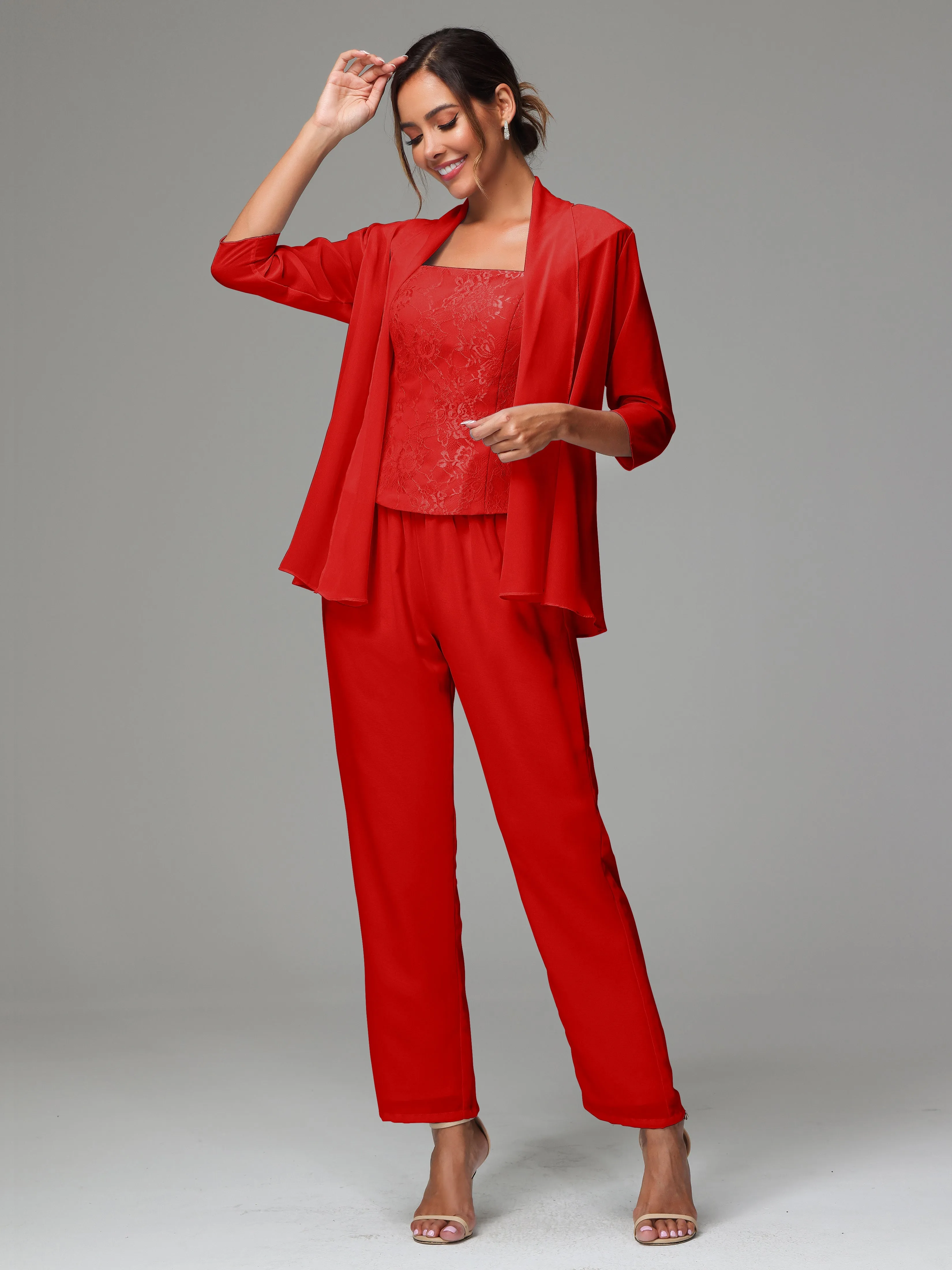 3 Pieces Chiffon Lace Long Sleeves Mother Of The Bride Dress Pants Suits