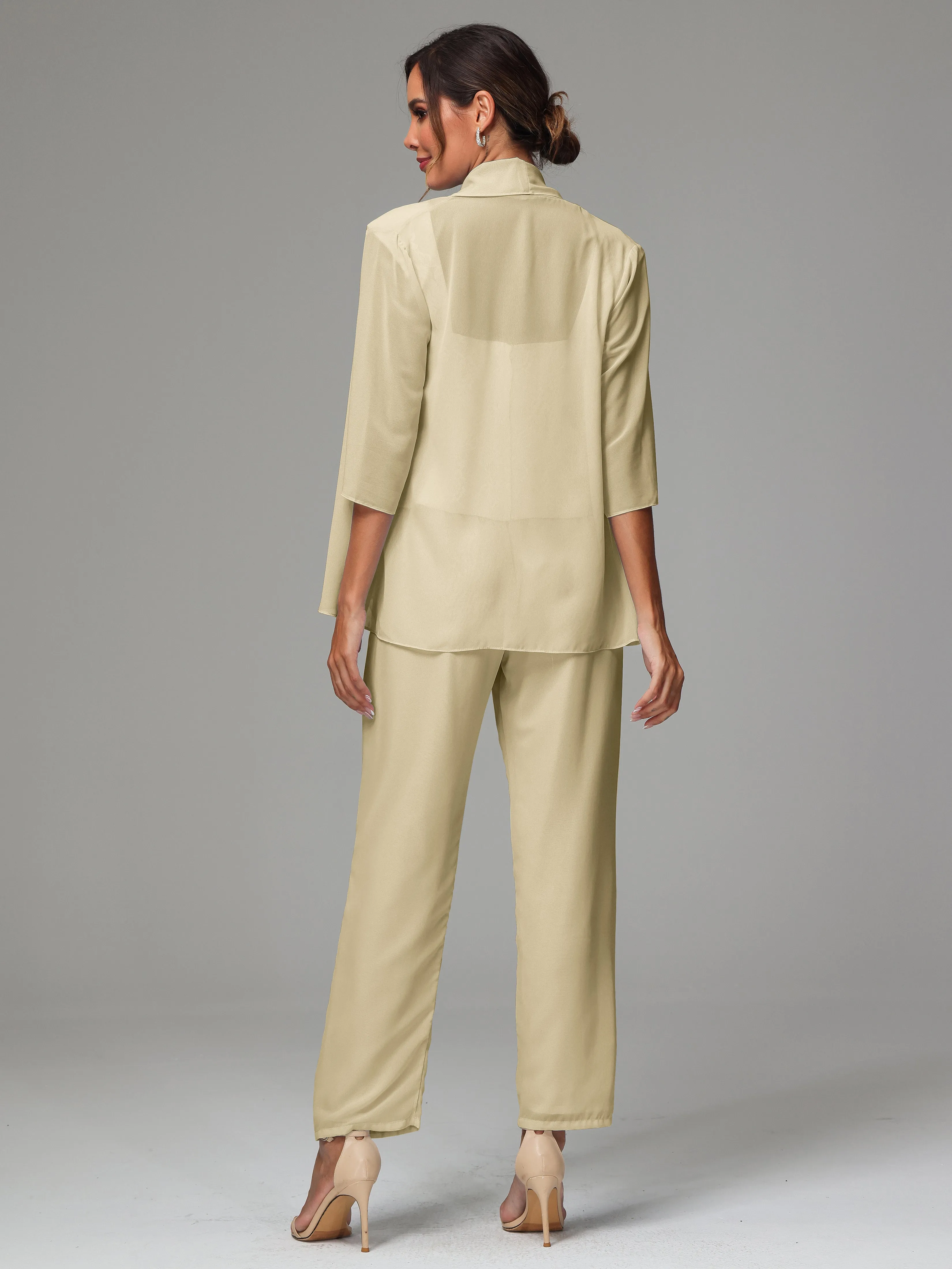 3 Pieces Chiffon Lace Long Sleeves Mother Of The Bride Dress Pants Suits