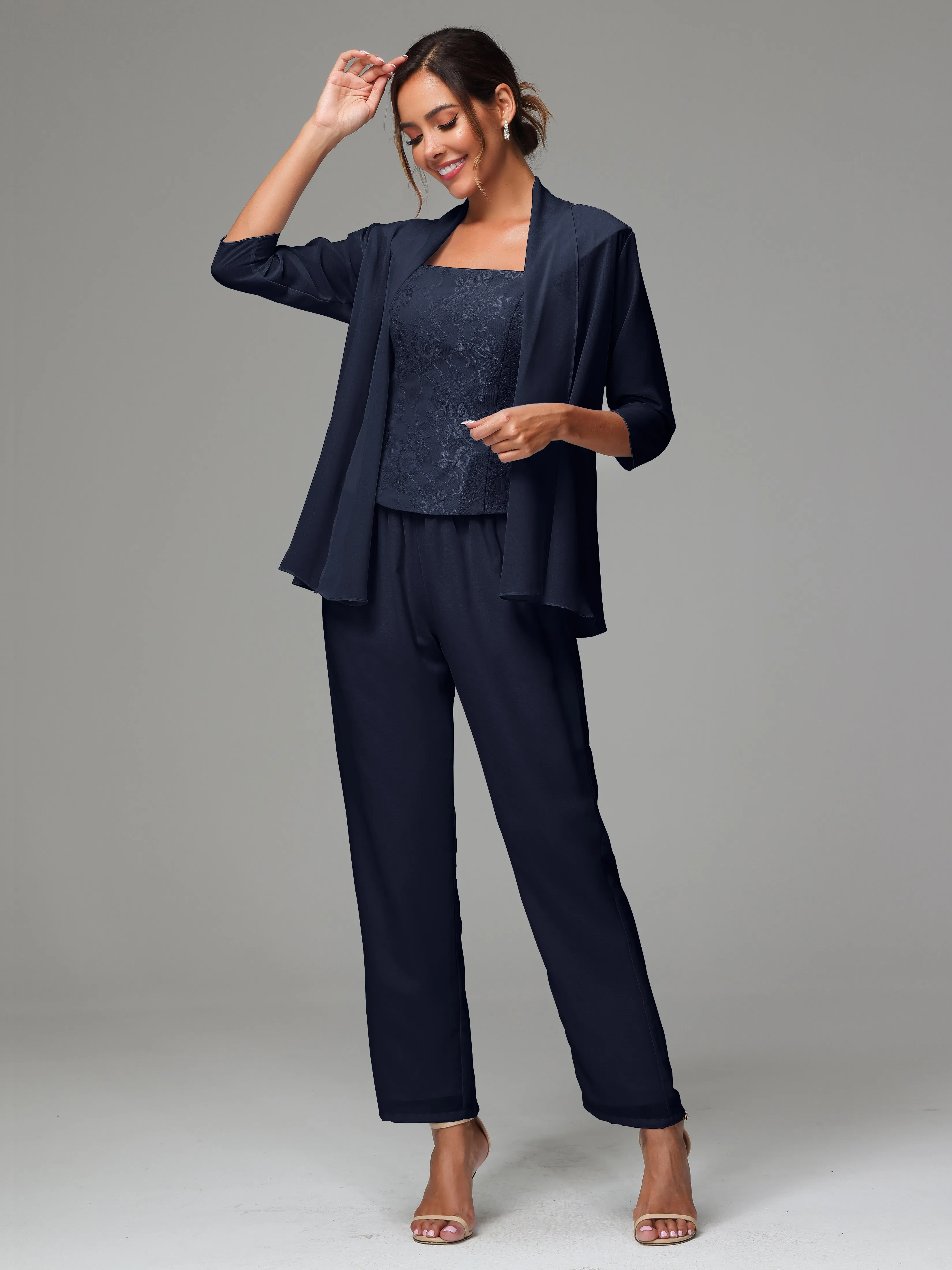 3 Pieces Chiffon Lace Long Sleeves Mother Of The Bride Dress Pants Suits