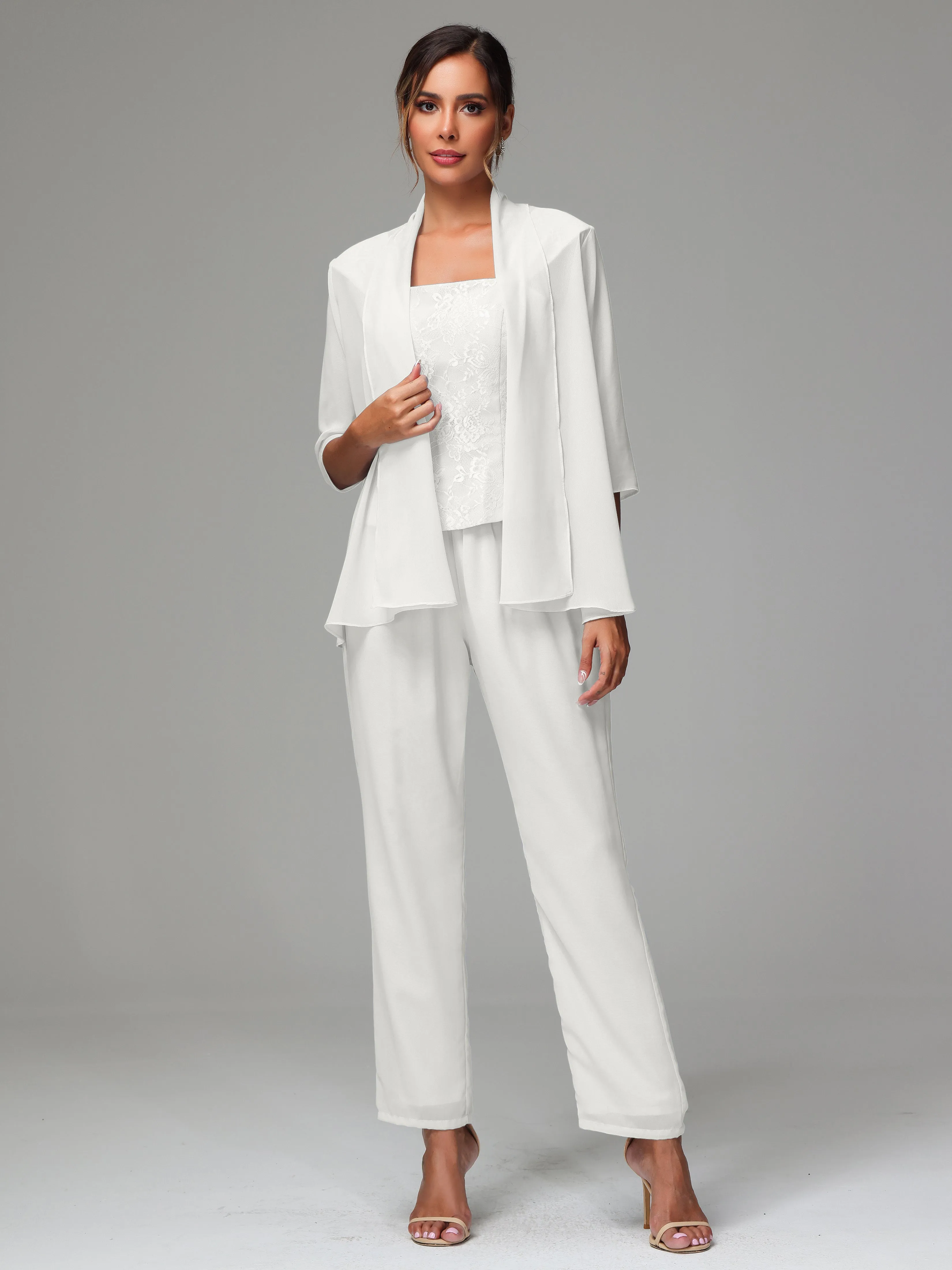 3 Pieces Chiffon Lace Long Sleeves Mother Of The Bride Dress Pants Suits