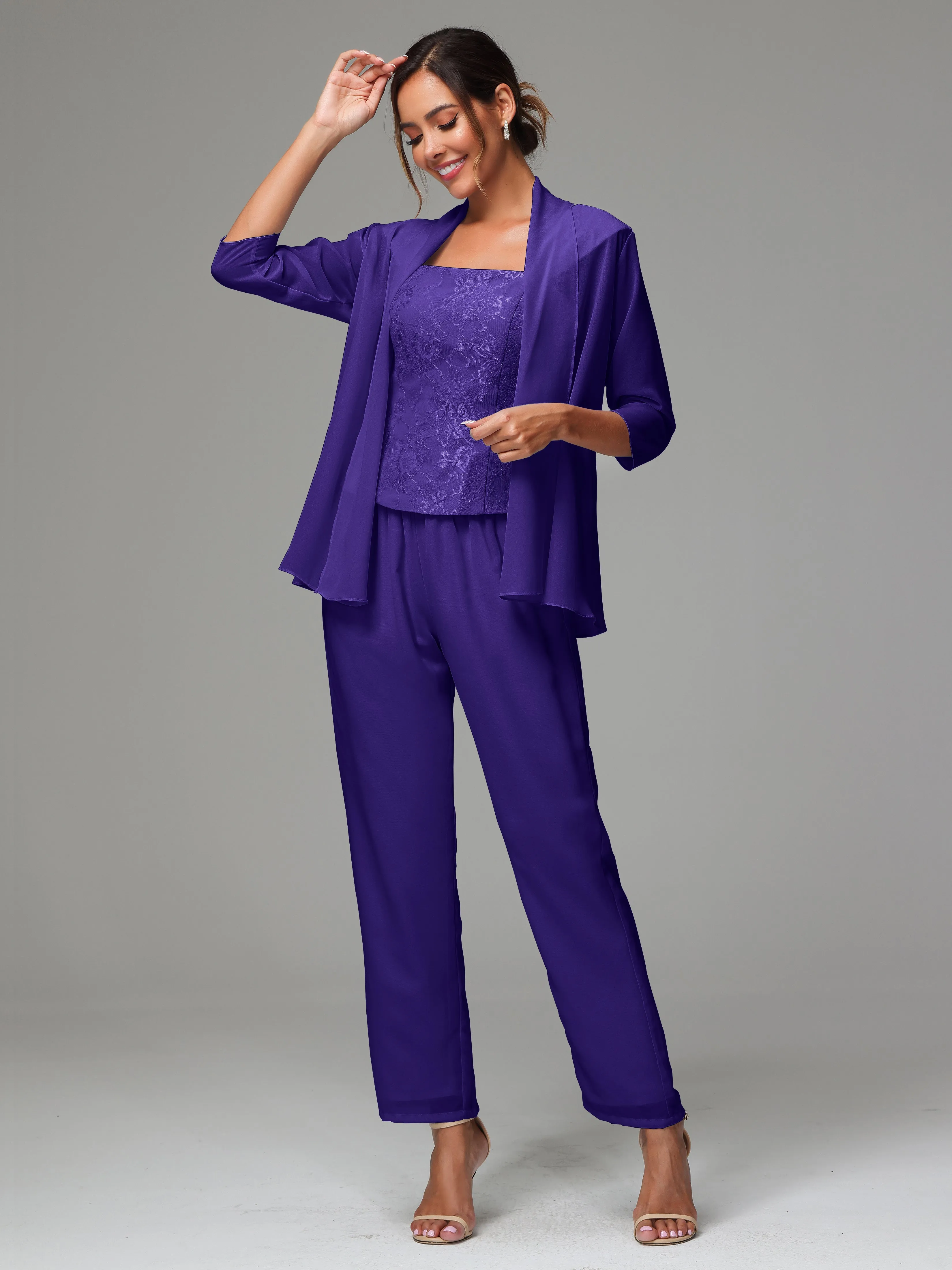 3 Pieces Chiffon Lace Long Sleeves Mother Of The Bride Dress Pants Suits