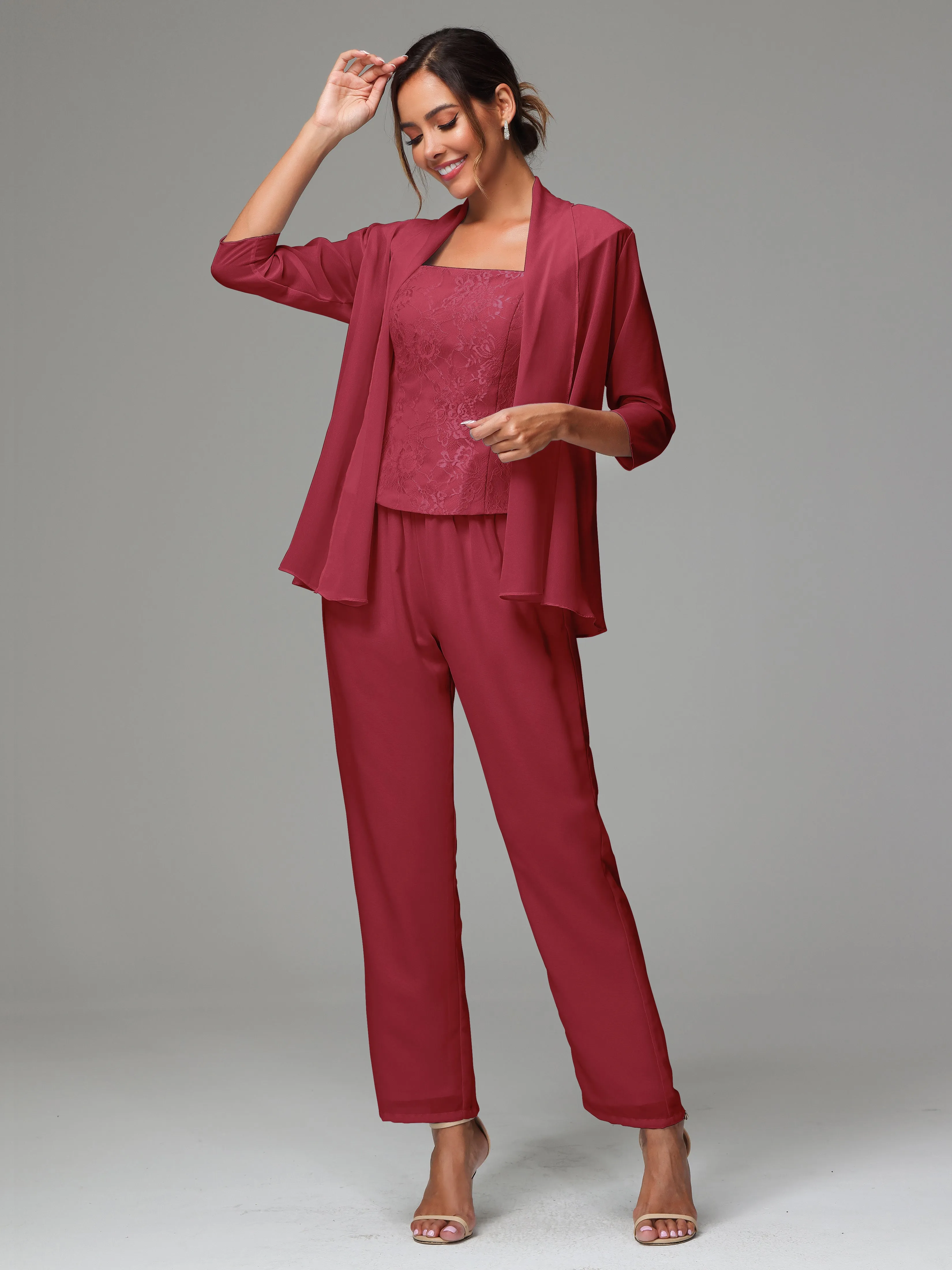 3 Pieces Chiffon Lace Long Sleeves Mother Of The Bride Dress Pants Suits