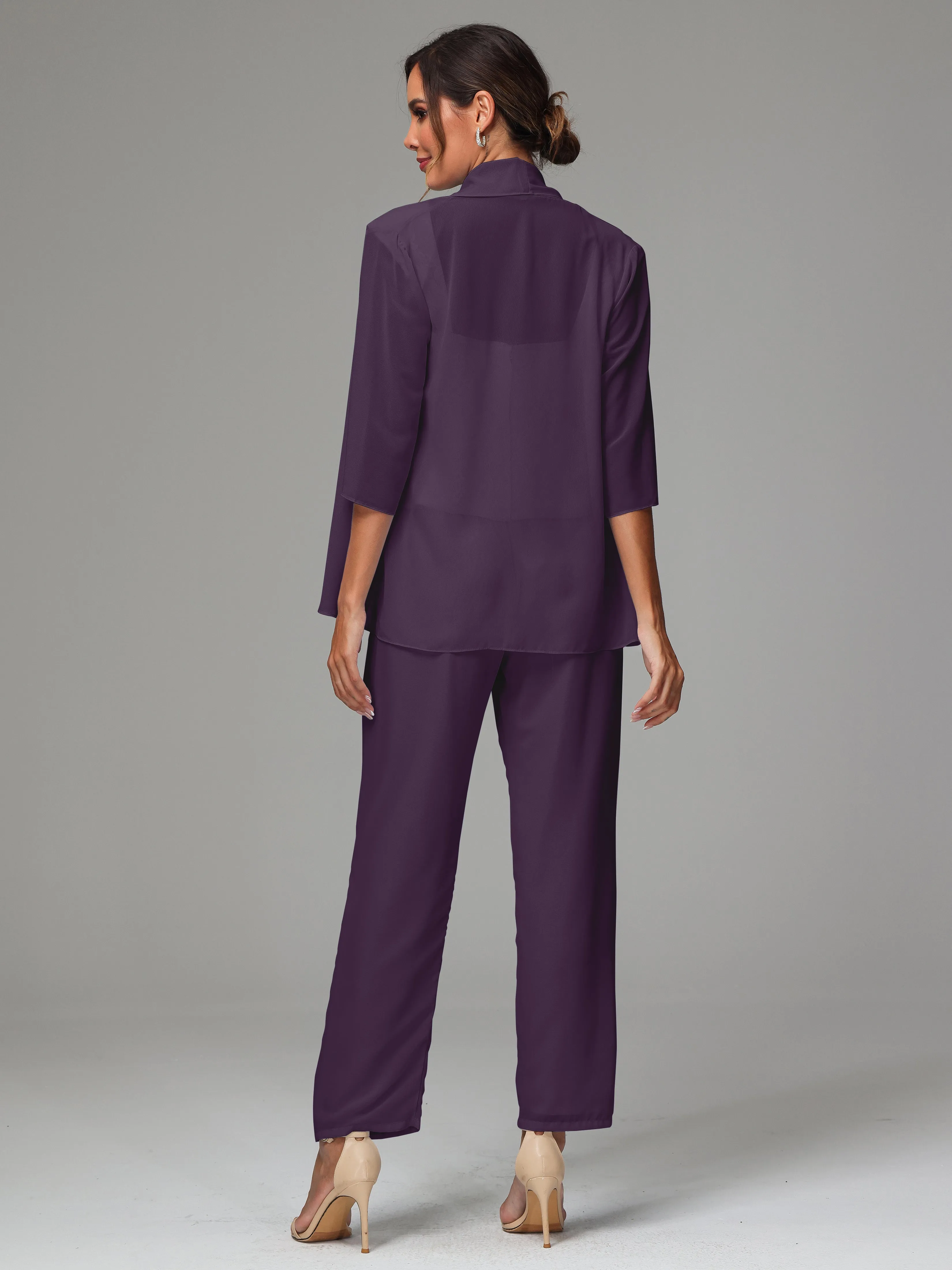 3 Pieces Chiffon Lace Long Sleeves Mother Of The Bride Dress Pants Suits