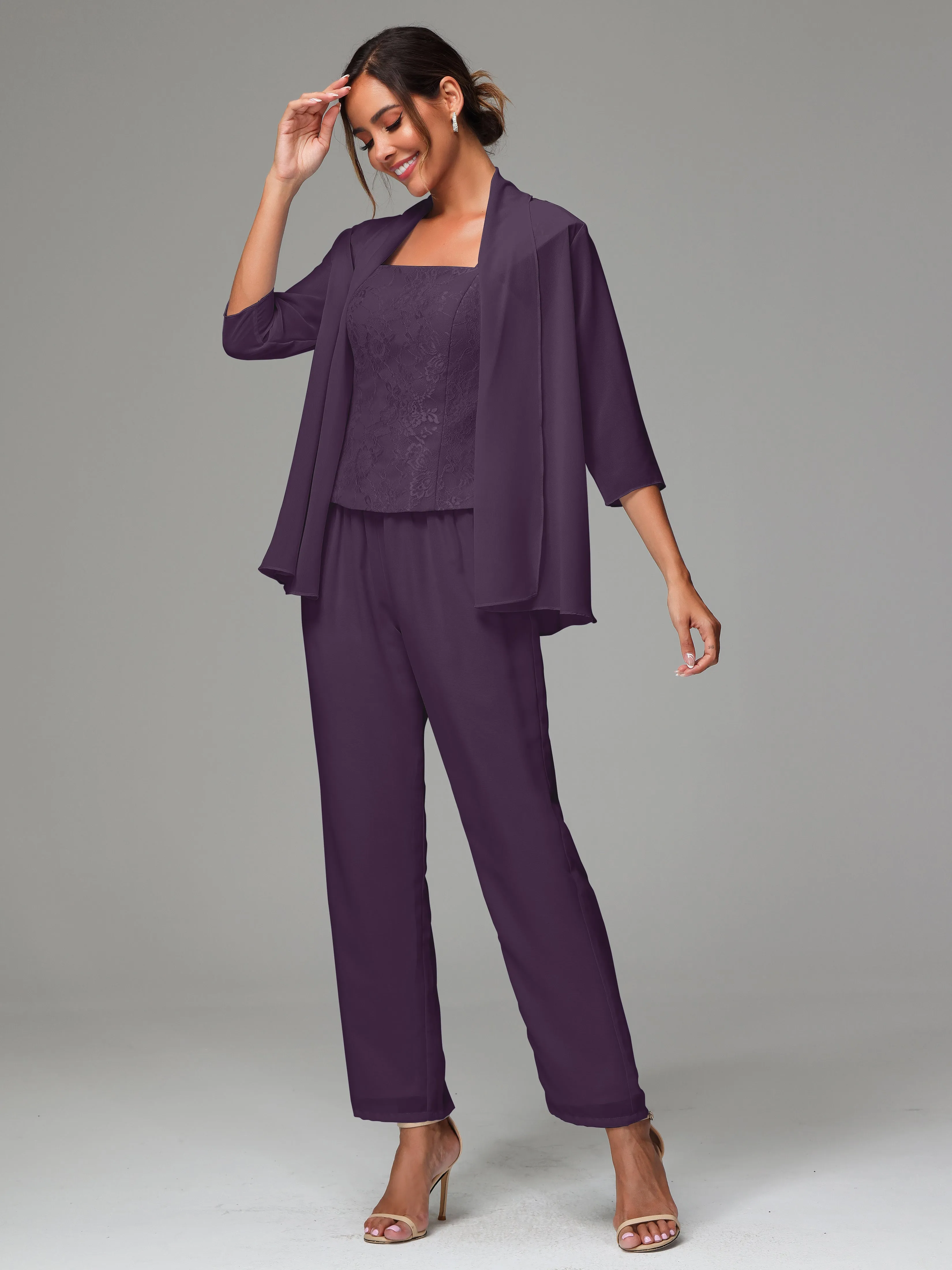 3 Pieces Chiffon Lace Long Sleeves Mother Of The Bride Dress Pants Suits