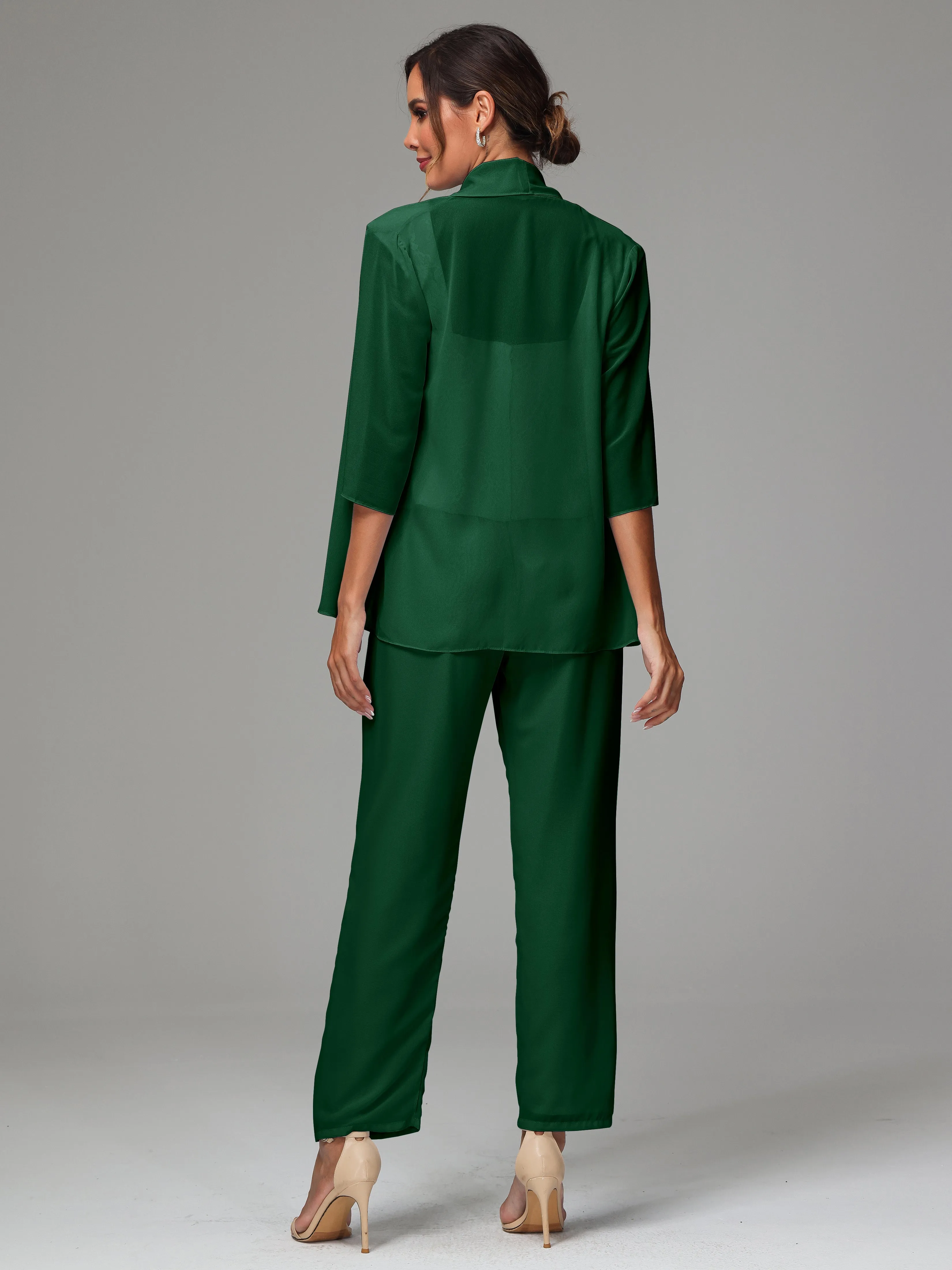 3 Pieces Chiffon Lace Long Sleeves Mother Of The Bride Dress Pants Suits