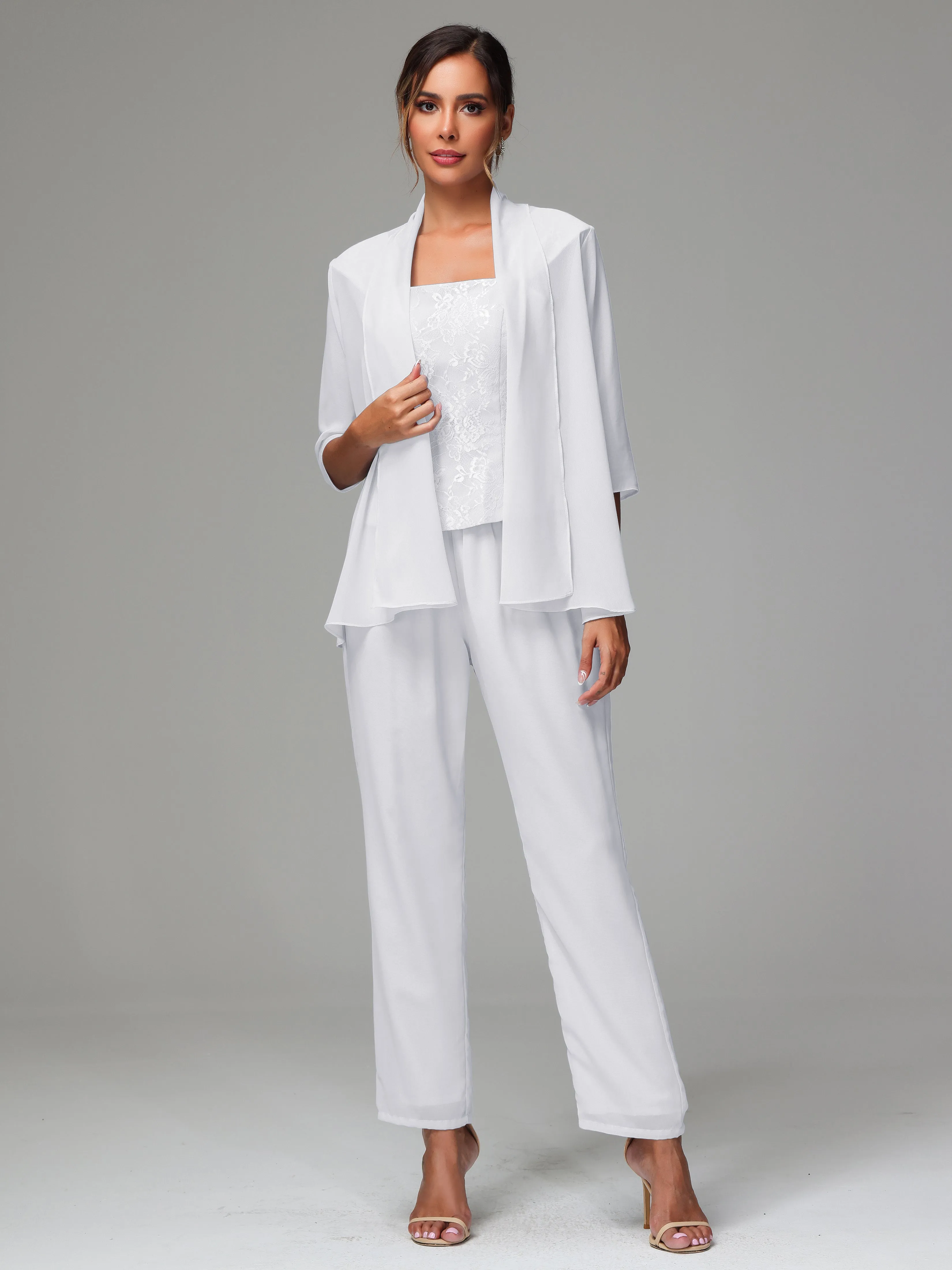 3 Pieces Chiffon Lace Long Sleeves Mother Of The Bride Dress Pants Suits