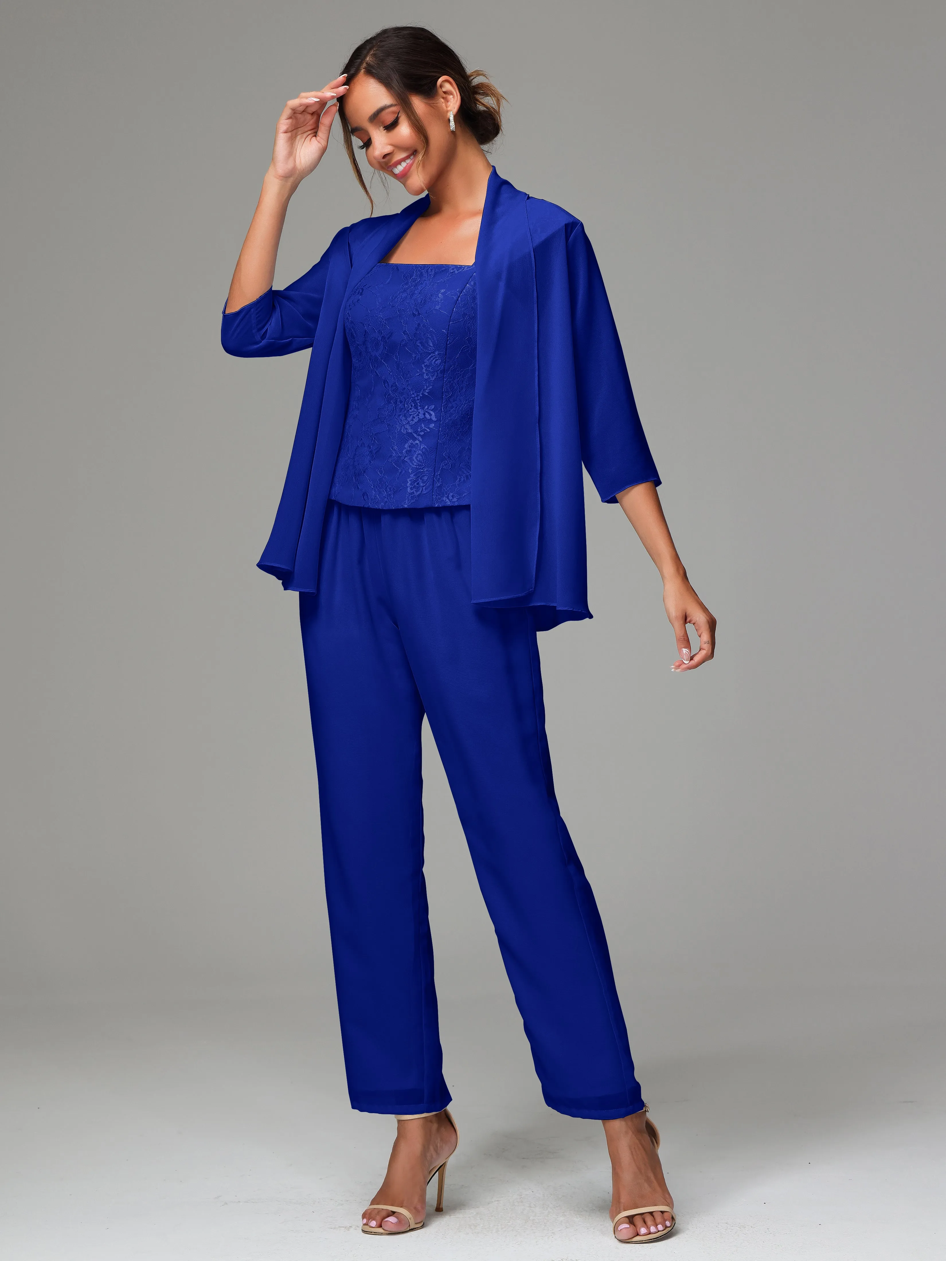 3 Pieces Chiffon Lace Long Sleeves Mother Of The Bride Dress Pants Suits