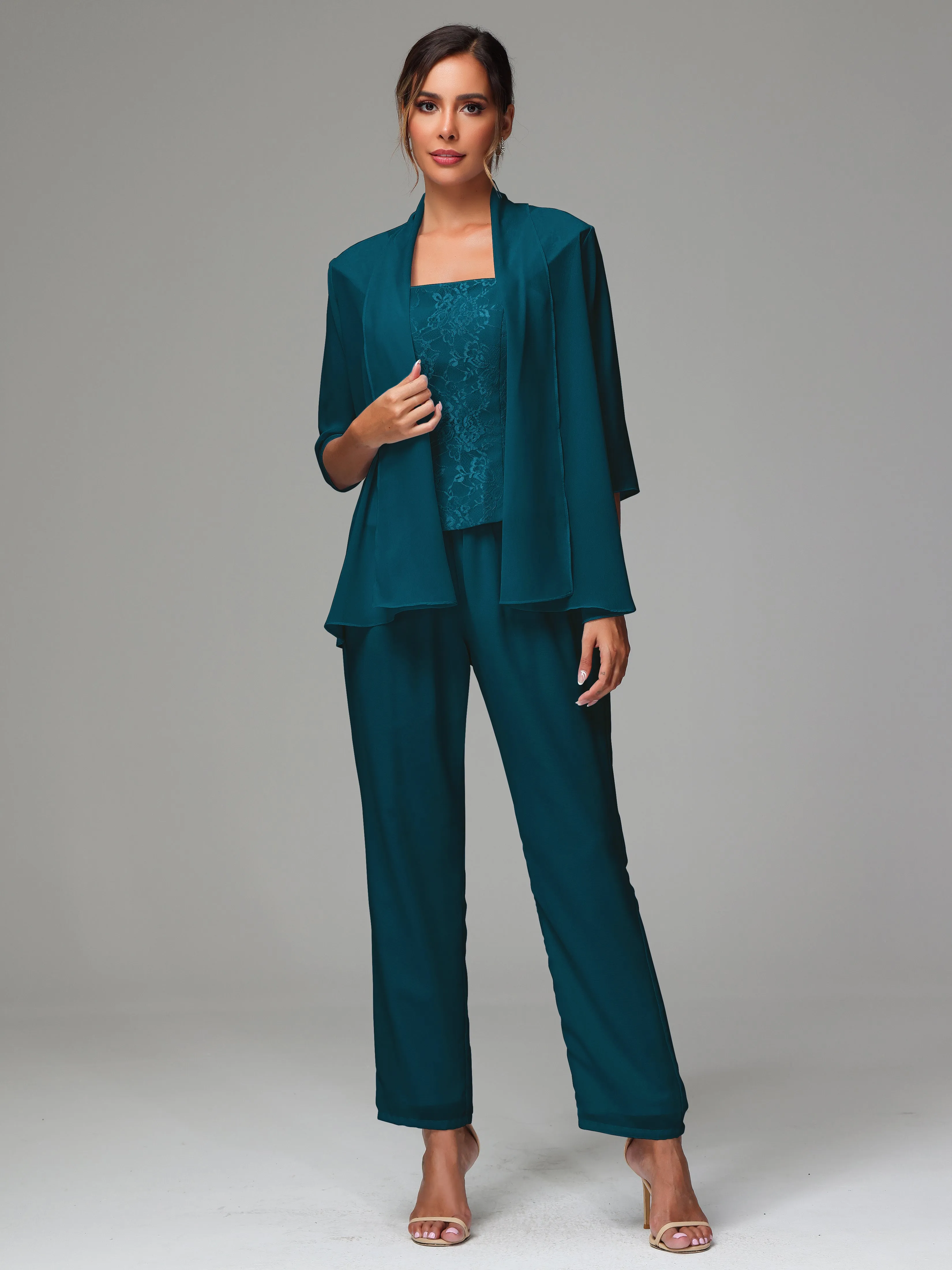 3 Pieces Chiffon Lace Long Sleeves Mother Of The Bride Dress Pants Suits