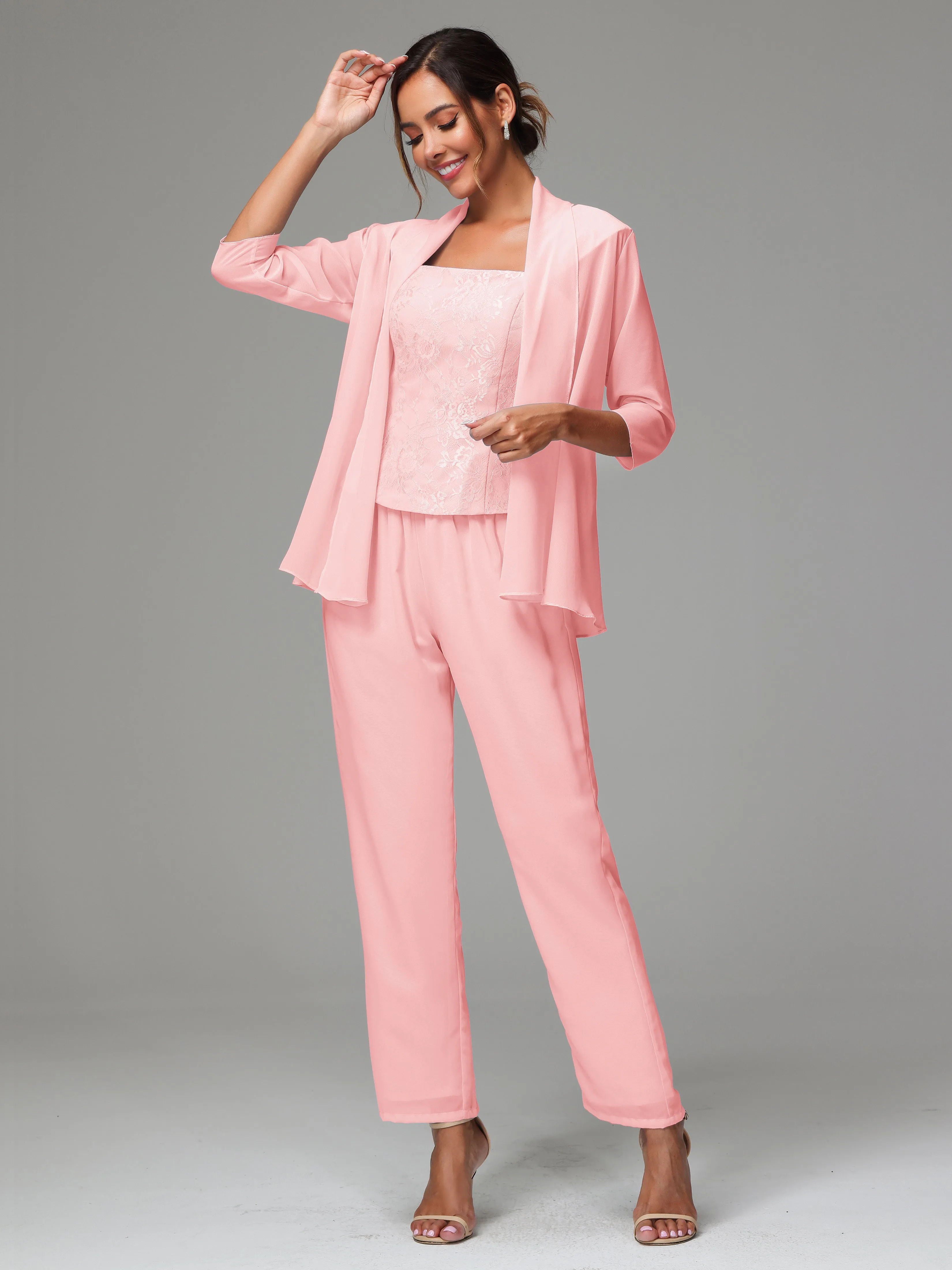 3 Pieces Chiffon Lace Long Sleeves Mother Of The Bride Dress Pants Suits
