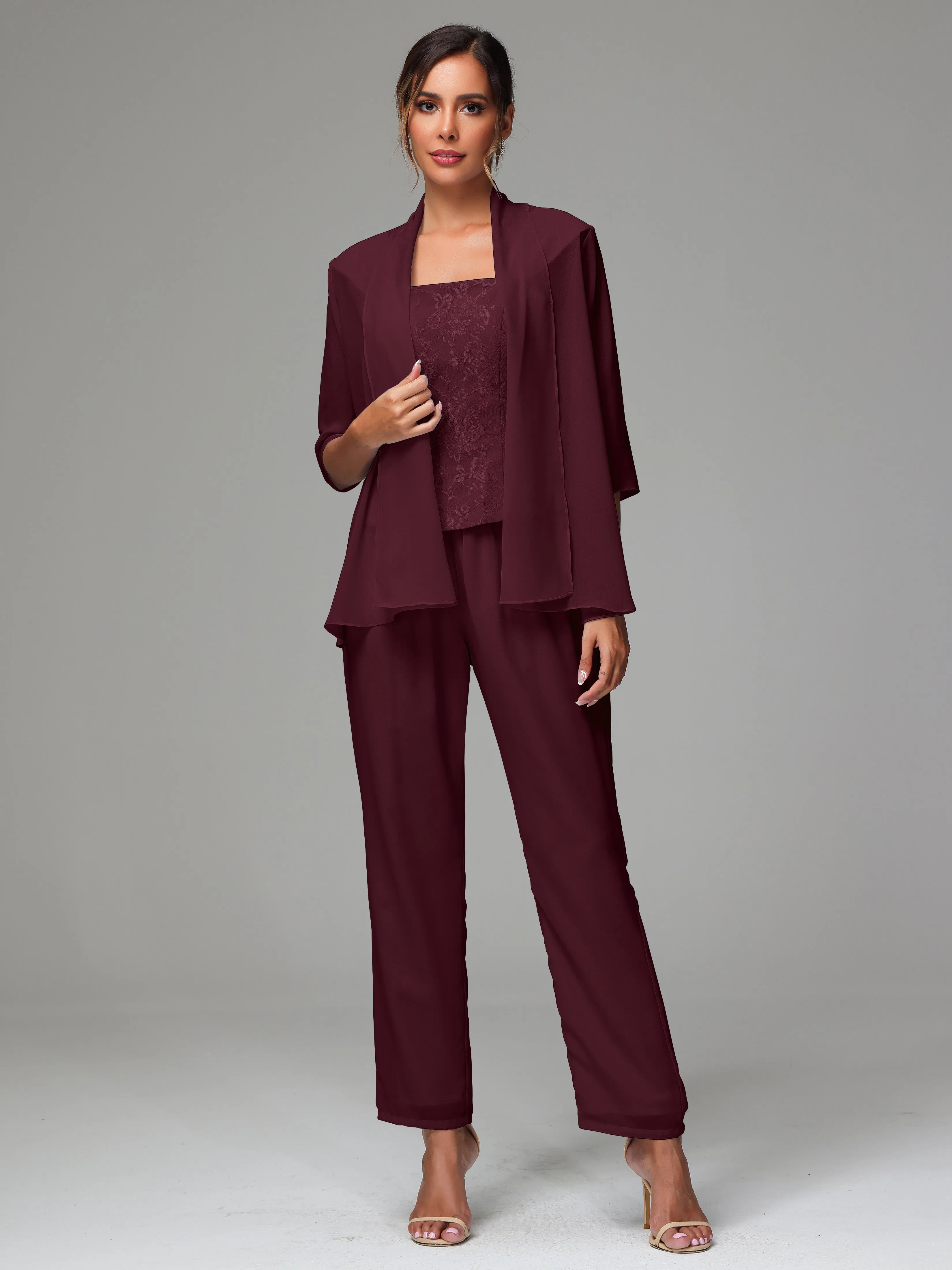 3 Pieces Chiffon Lace Long Sleeves Mother Of The Bride Dress Pants Suits