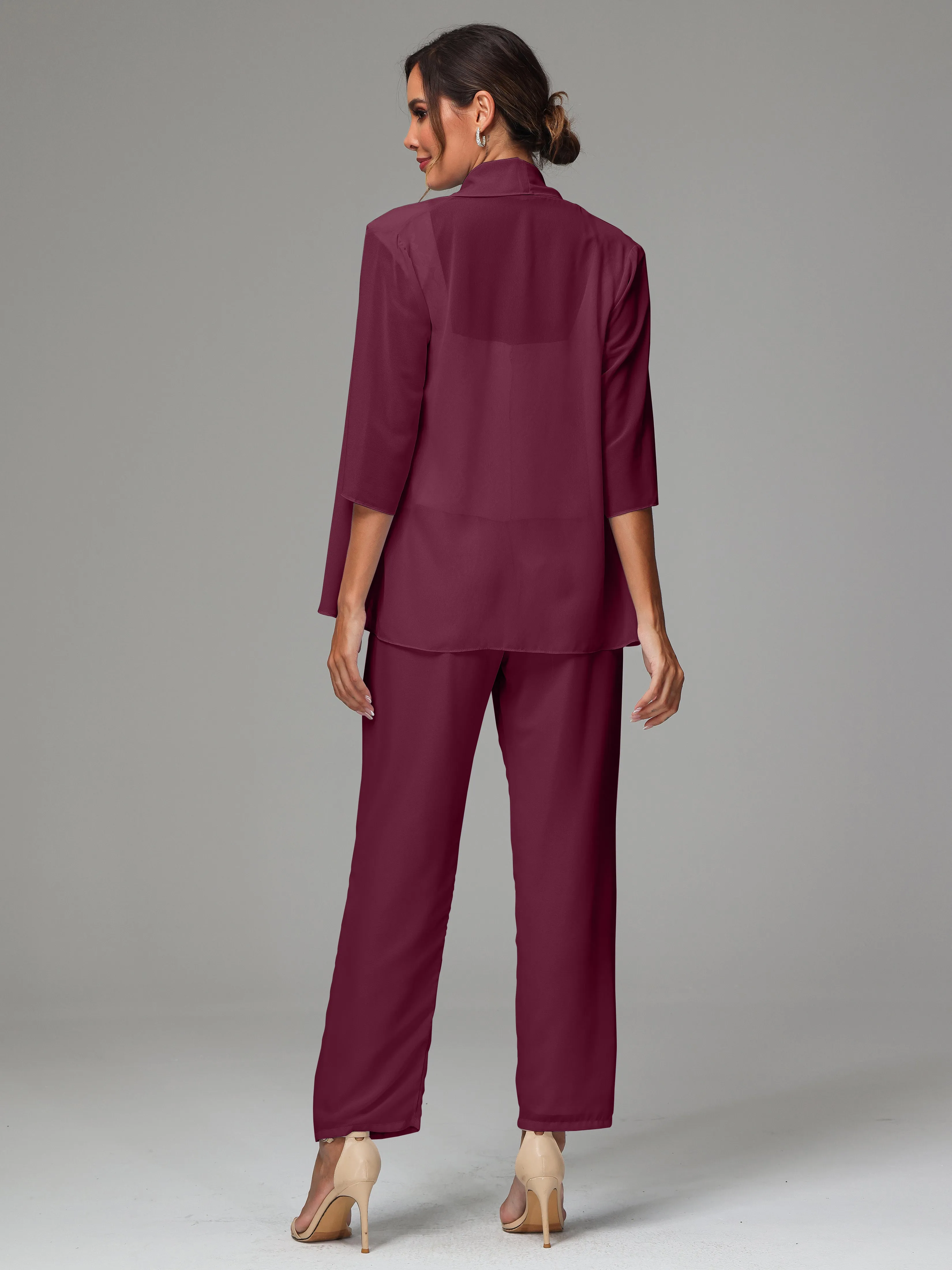 3 Pieces Chiffon Lace Long Sleeves Mother Of The Bride Dress Pants Suits