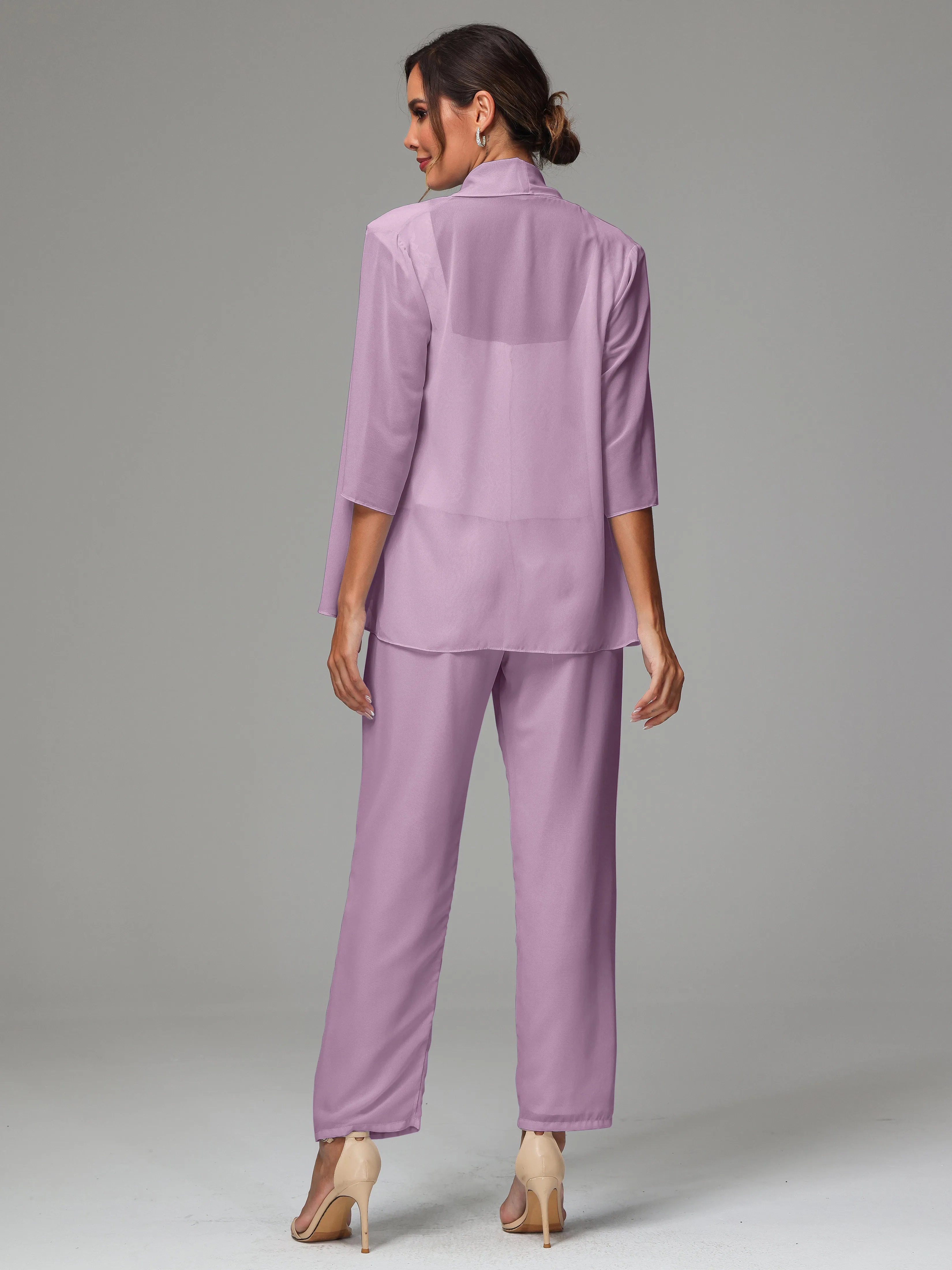 3 Pieces Chiffon Lace Long Sleeves Mother Of The Bride Dress Pants Suits