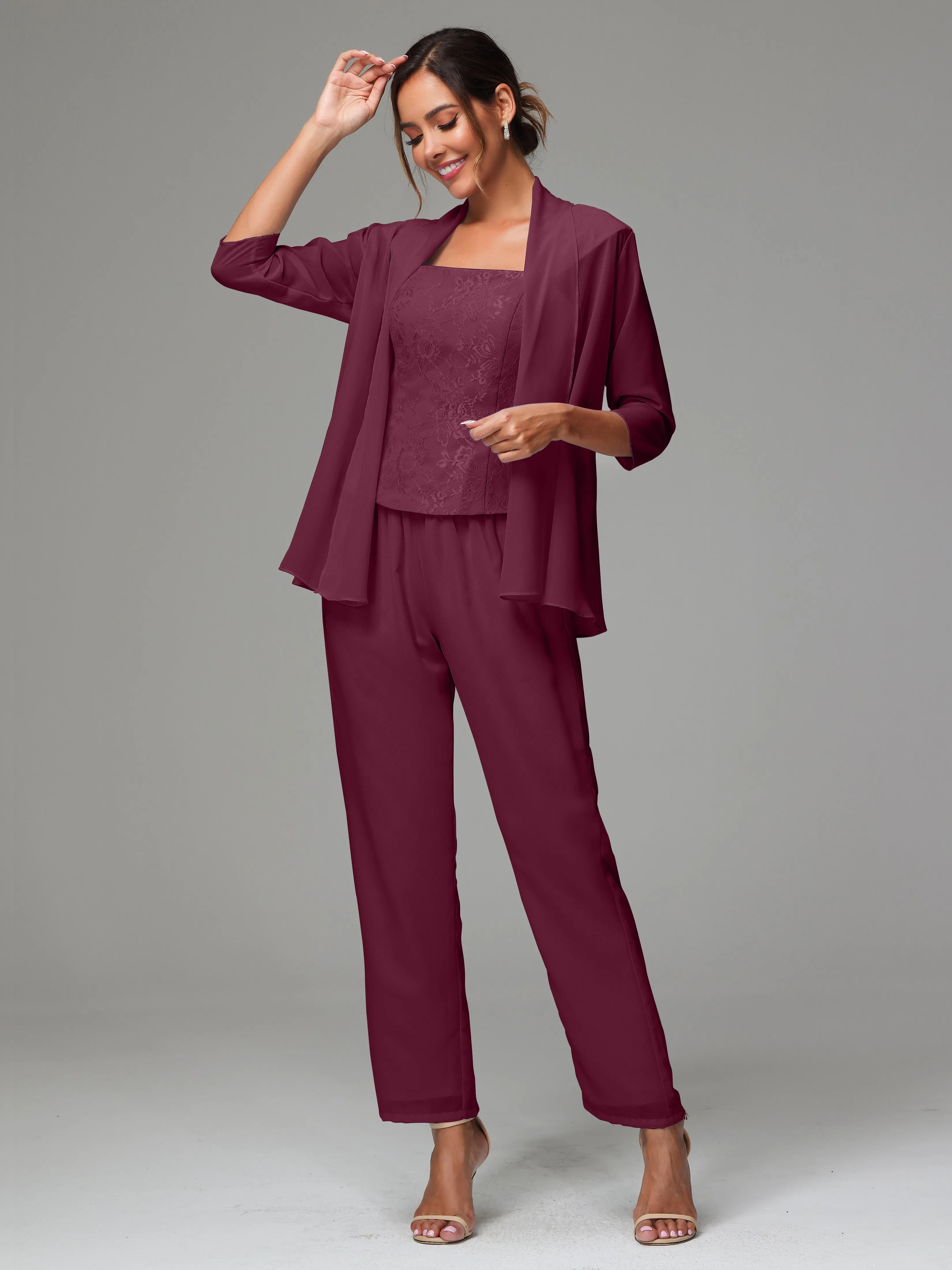 3 Pieces Chiffon Lace Long Sleeves Mother Of The Bride Dress Pants Suits