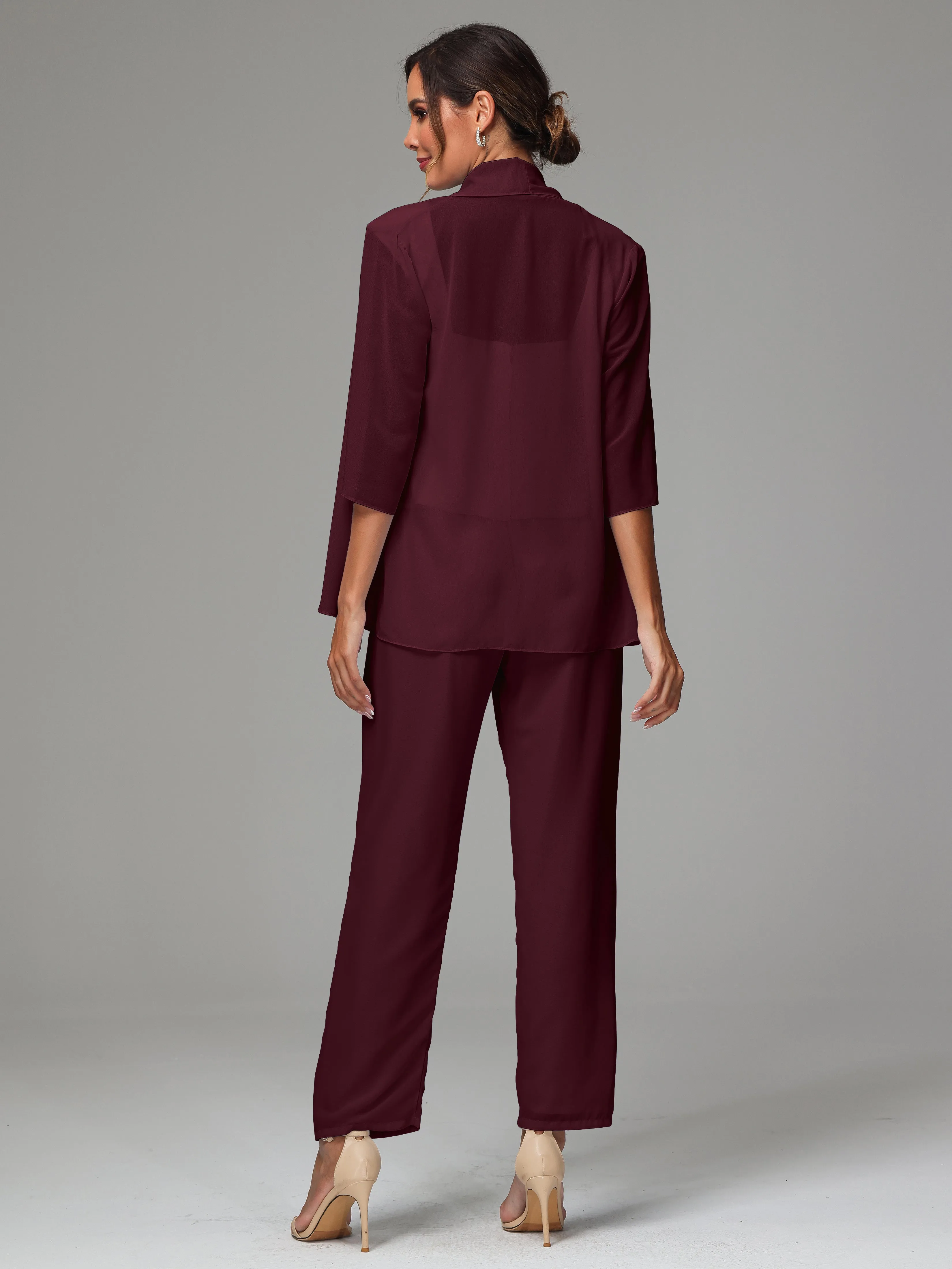 3 Pieces Chiffon Lace Long Sleeves Mother Of The Bride Dress Pants Suits