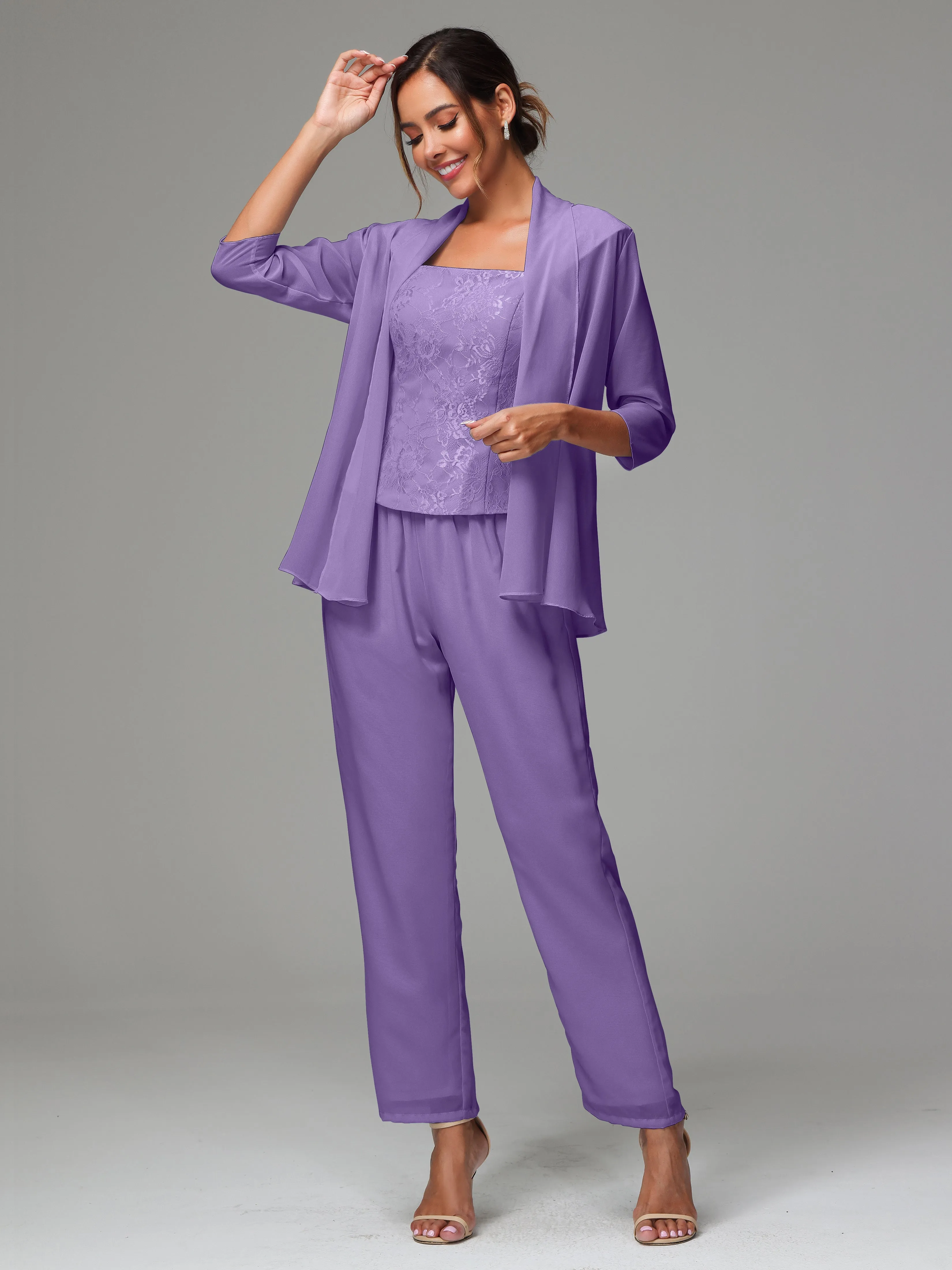 3 Pieces Chiffon Lace Long Sleeves Mother Of The Bride Dress Pants Suits