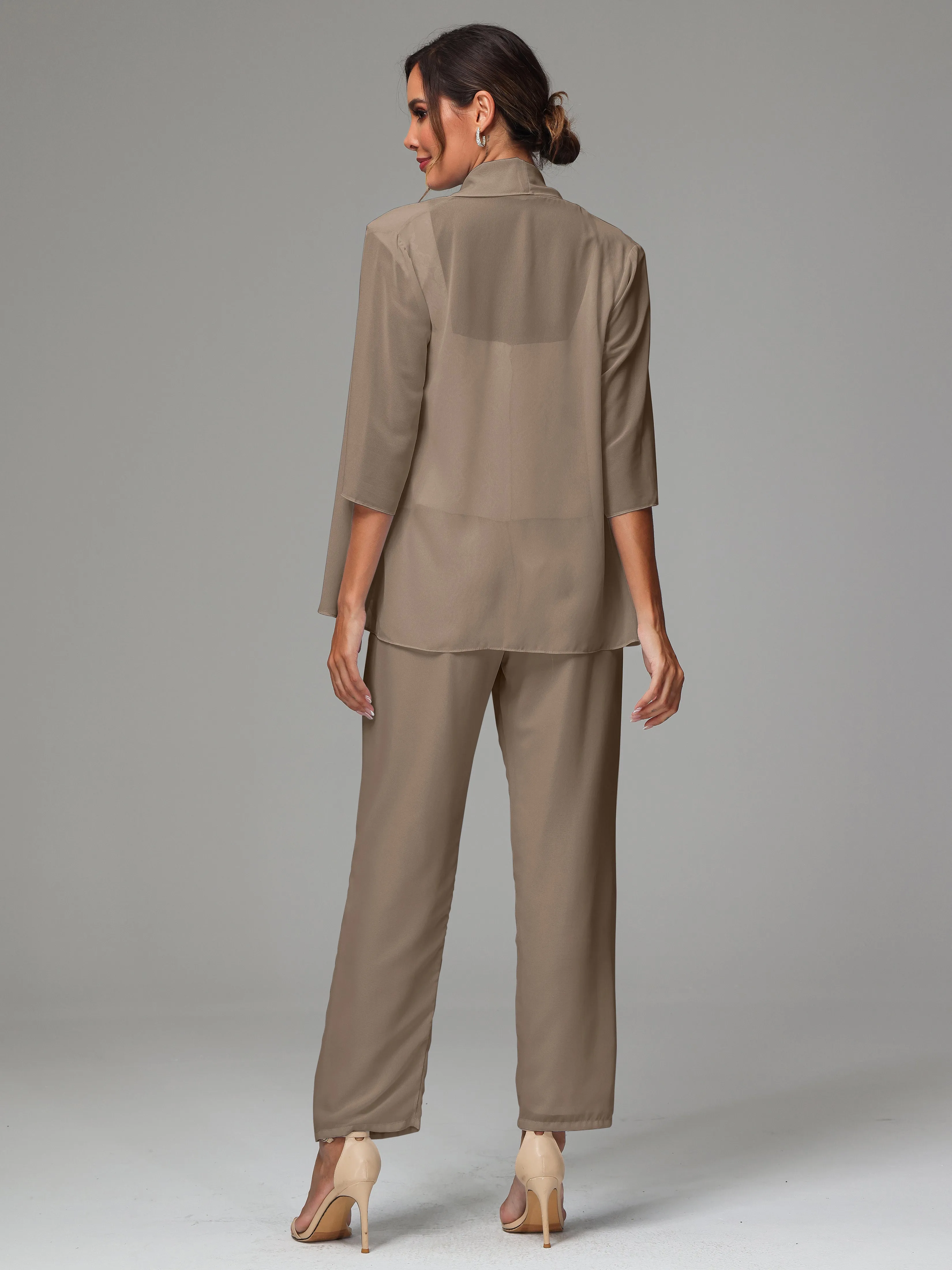 3 Pieces Chiffon Lace Long Sleeves Mother Of The Bride Dress Pants Suits