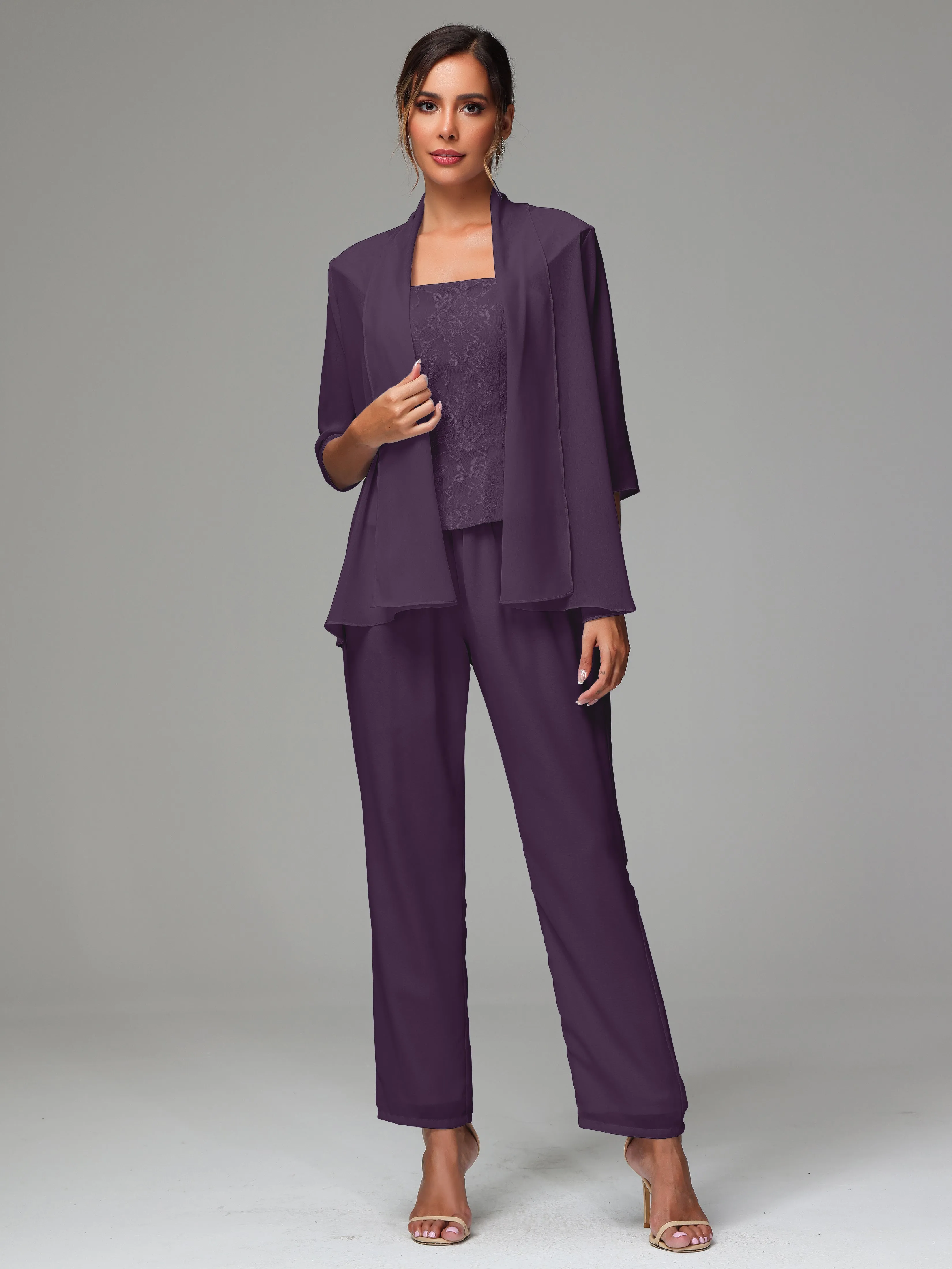 3 Pieces Chiffon Lace Long Sleeves Mother Of The Bride Dress Pants Suits