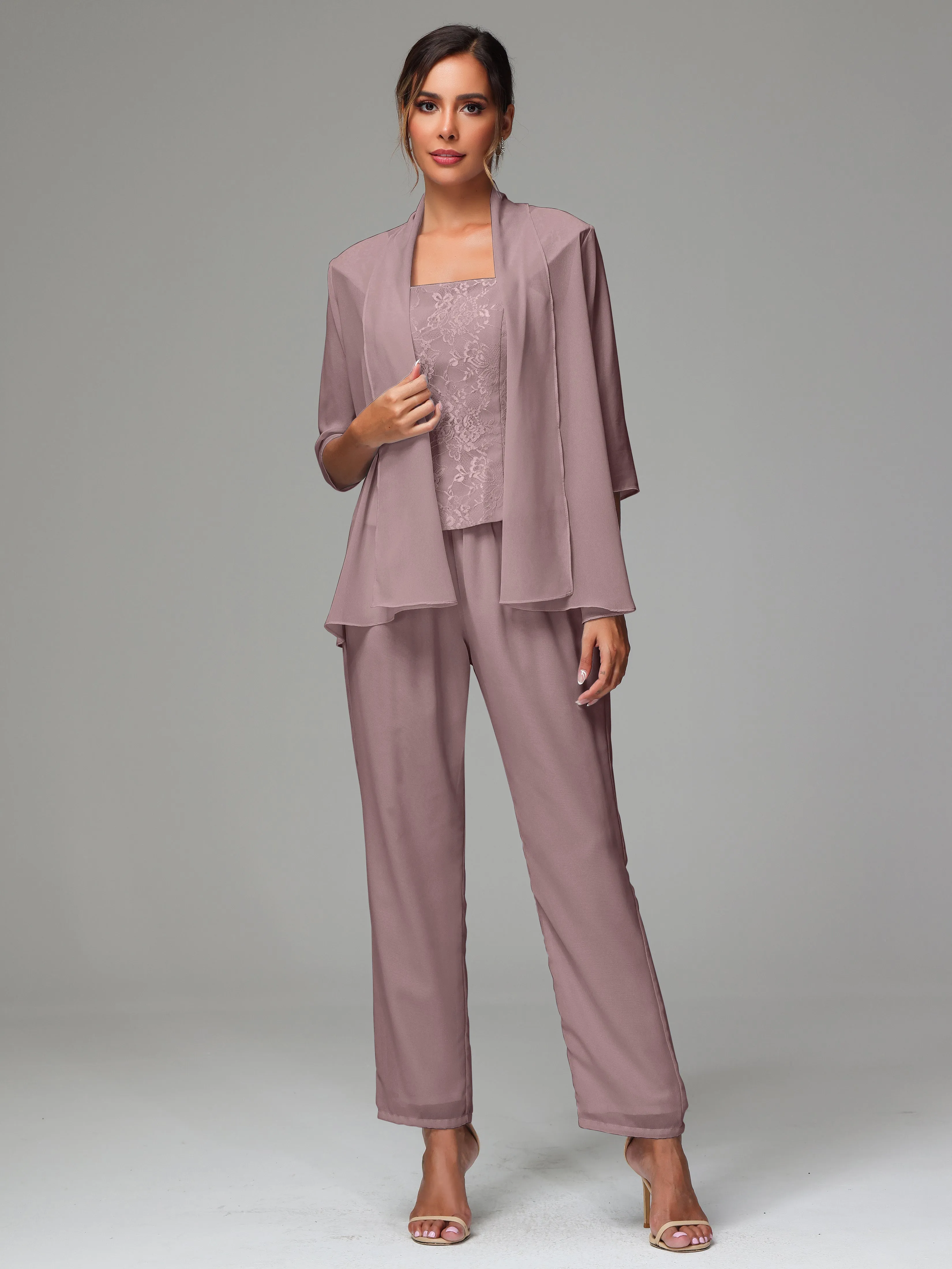 3 Pieces Chiffon Lace Long Sleeves Mother Of The Bride Dress Pants Suits