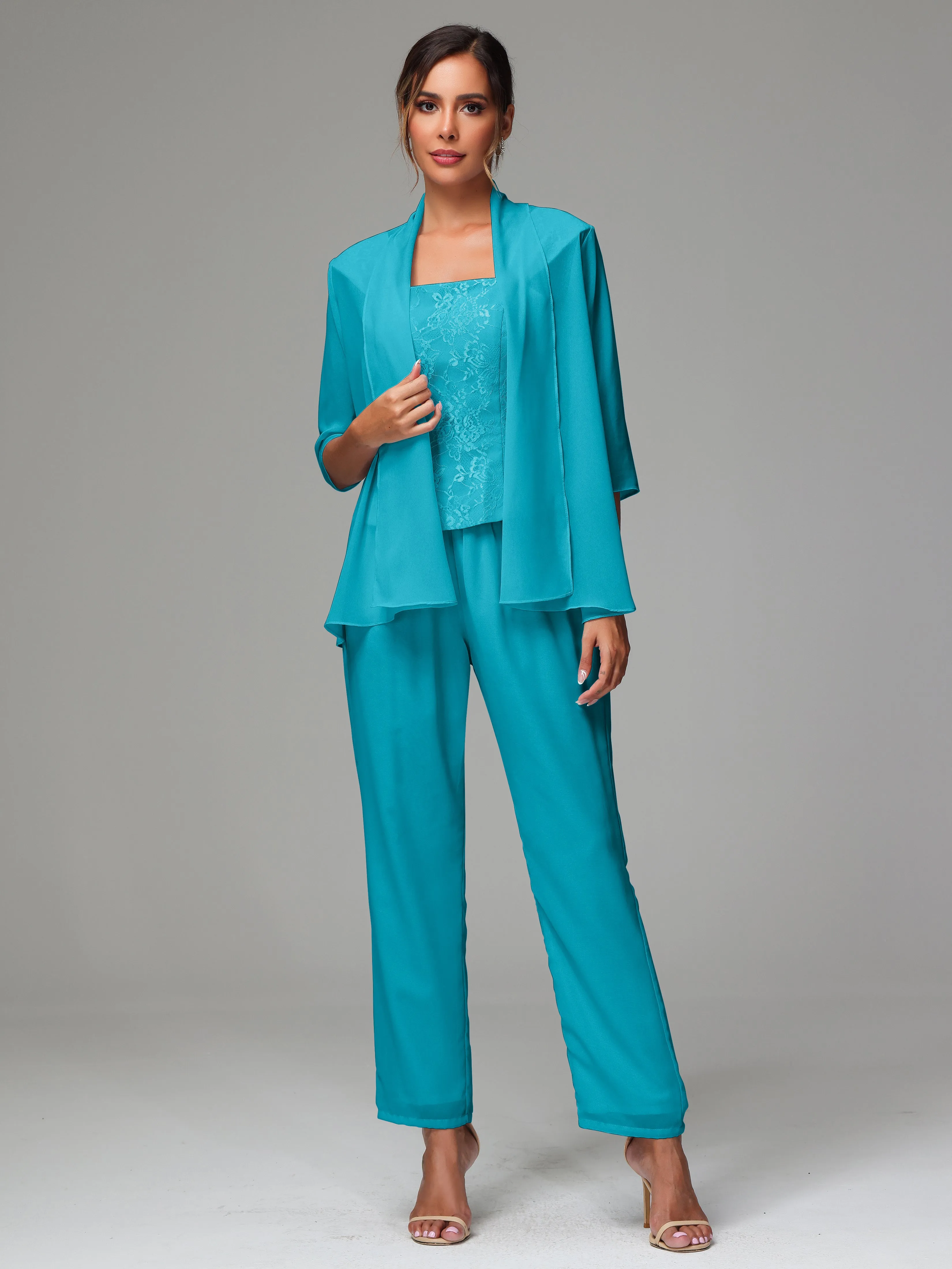 3 Pieces Chiffon Lace Long Sleeves Mother Of The Bride Dress Pants Suits