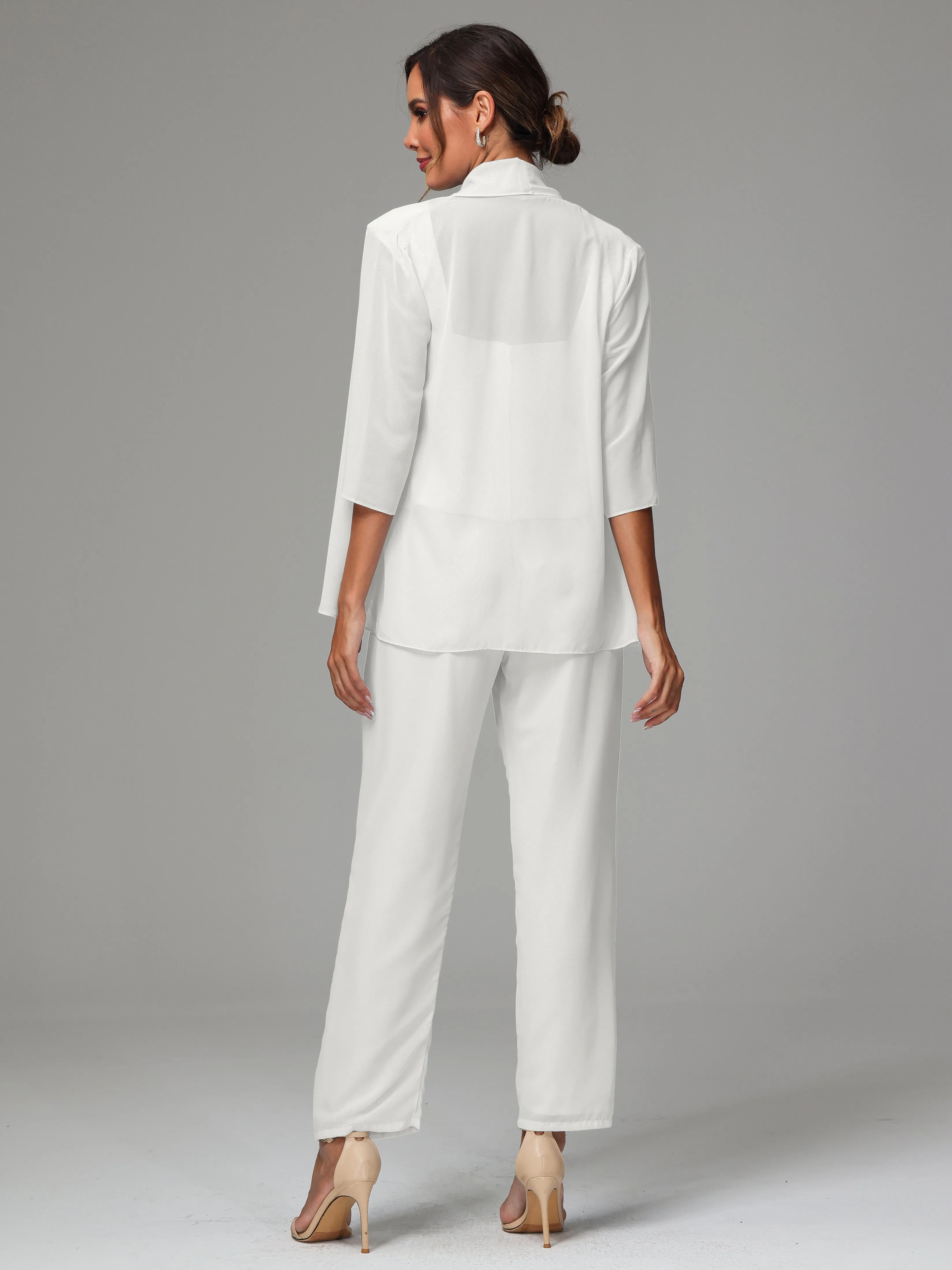 3 Pieces Chiffon Lace Long Sleeves Mother Of The Bride Dress Pants Suits