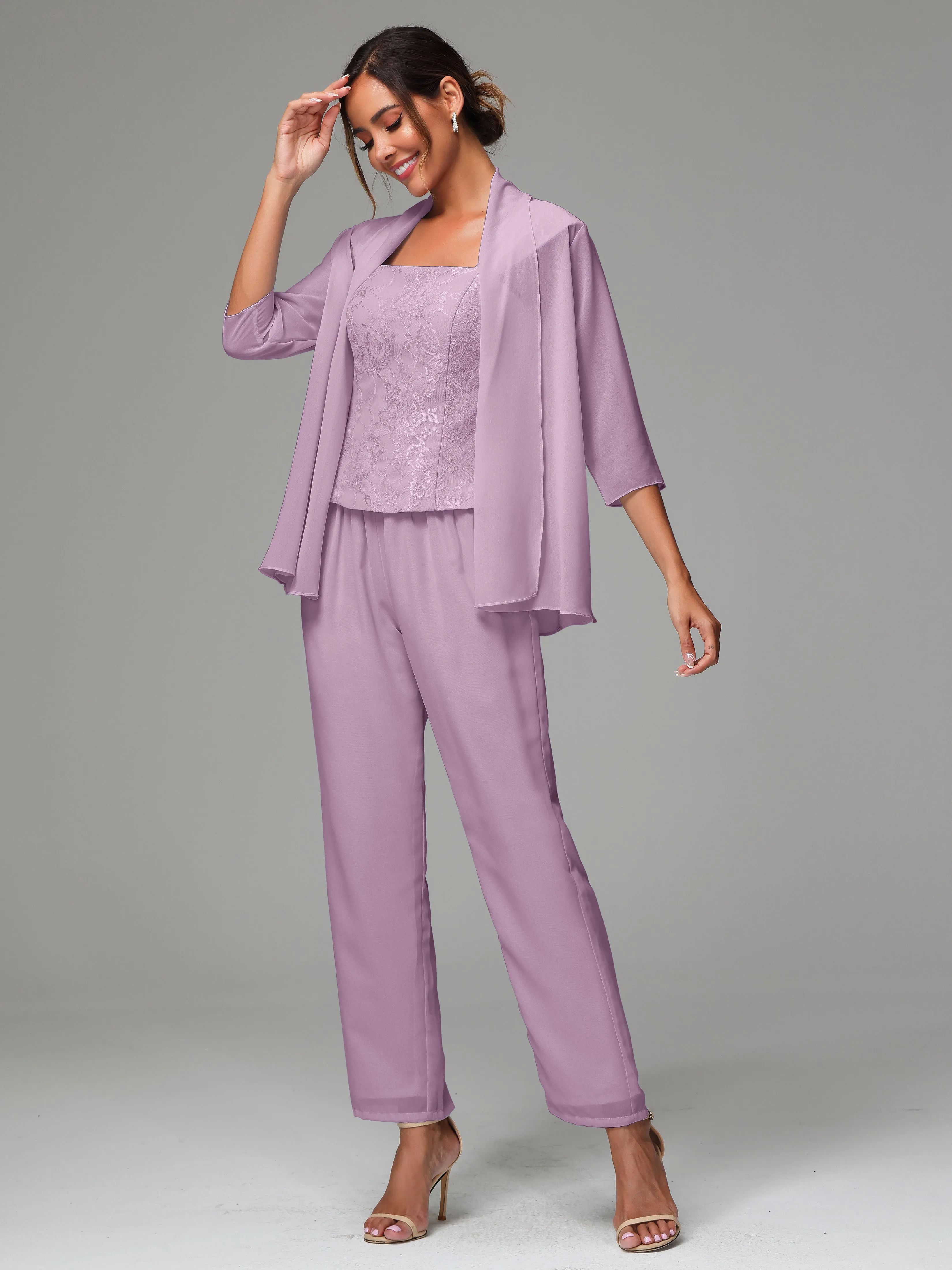 3 Pieces Chiffon Lace Long Sleeves Mother Of The Bride Dress Pants Suits
