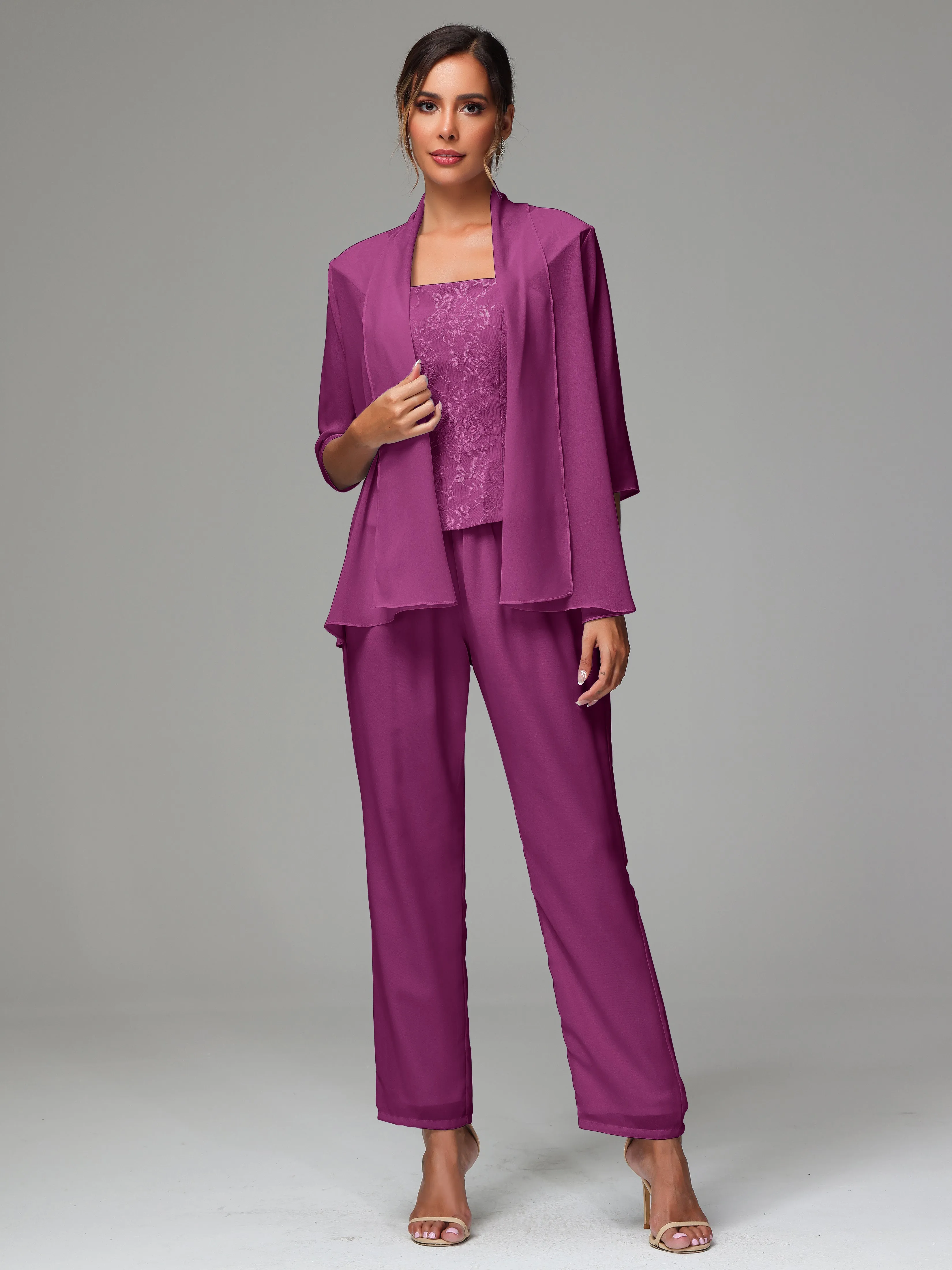 3 Pieces Chiffon Lace Long Sleeves Mother Of The Bride Dress Pants Suits