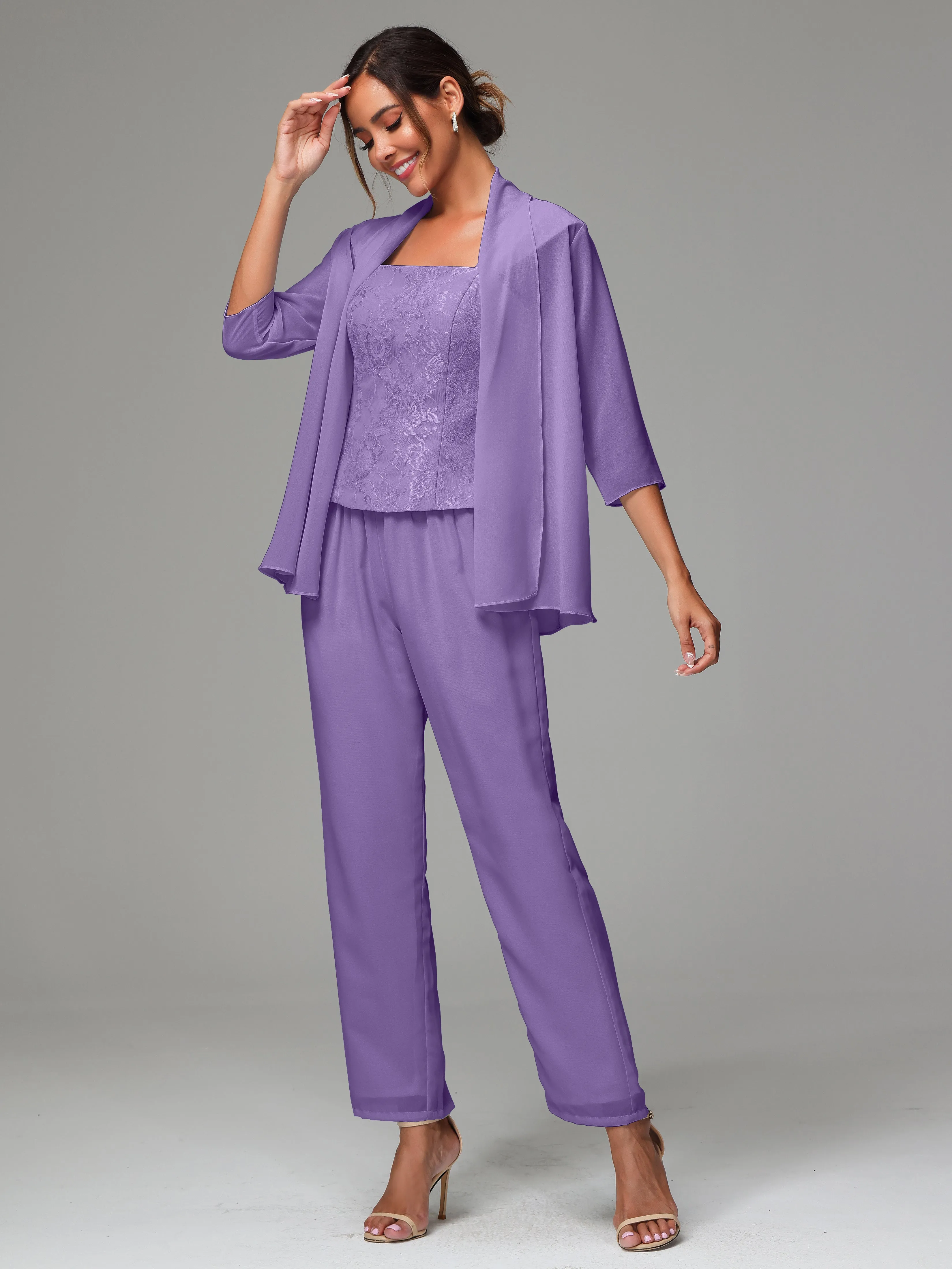 3 Pieces Chiffon Lace Long Sleeves Mother Of The Bride Dress Pants Suits