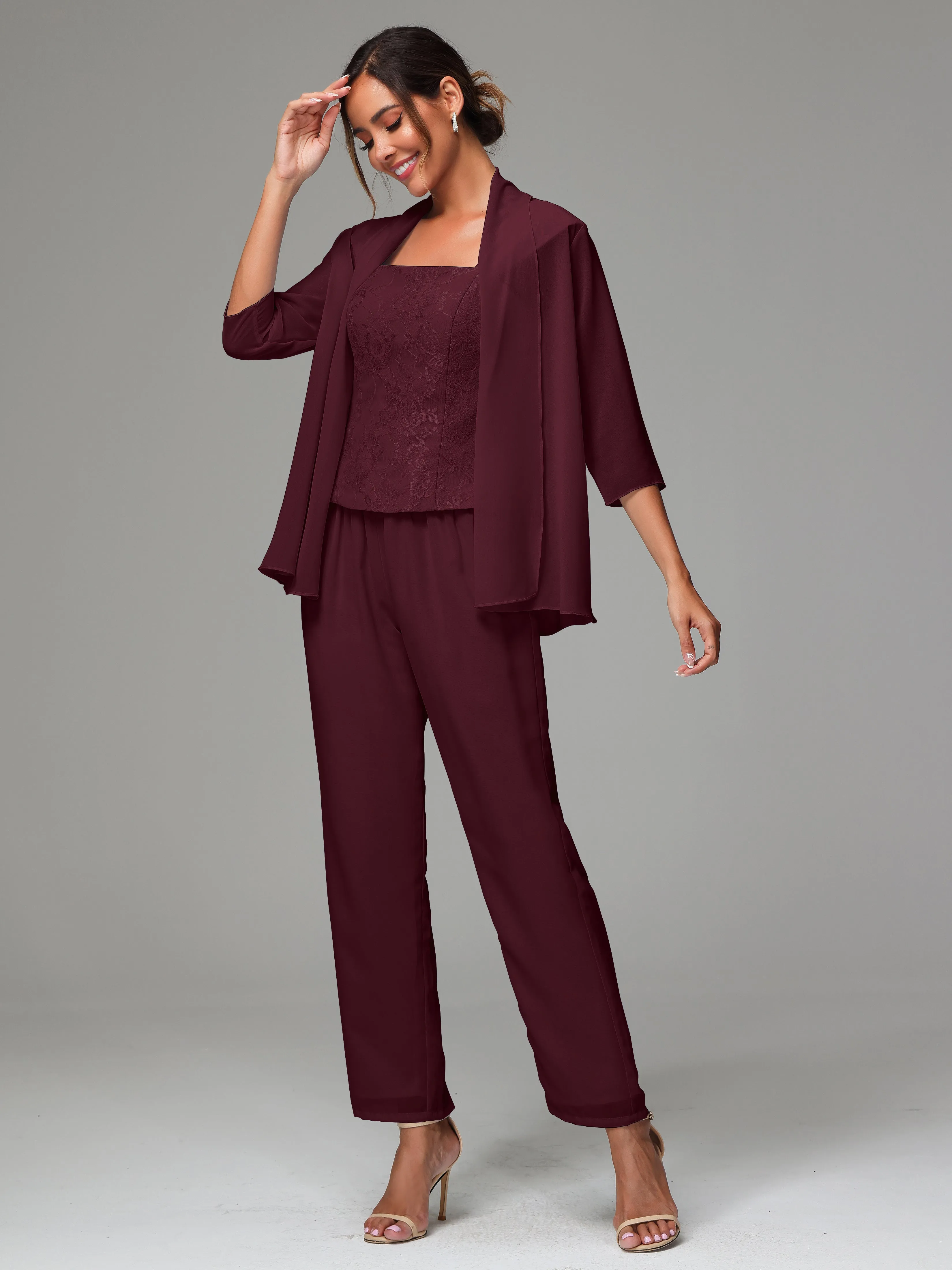 3 Pieces Chiffon Lace Long Sleeves Mother Of The Bride Dress Pants Suits