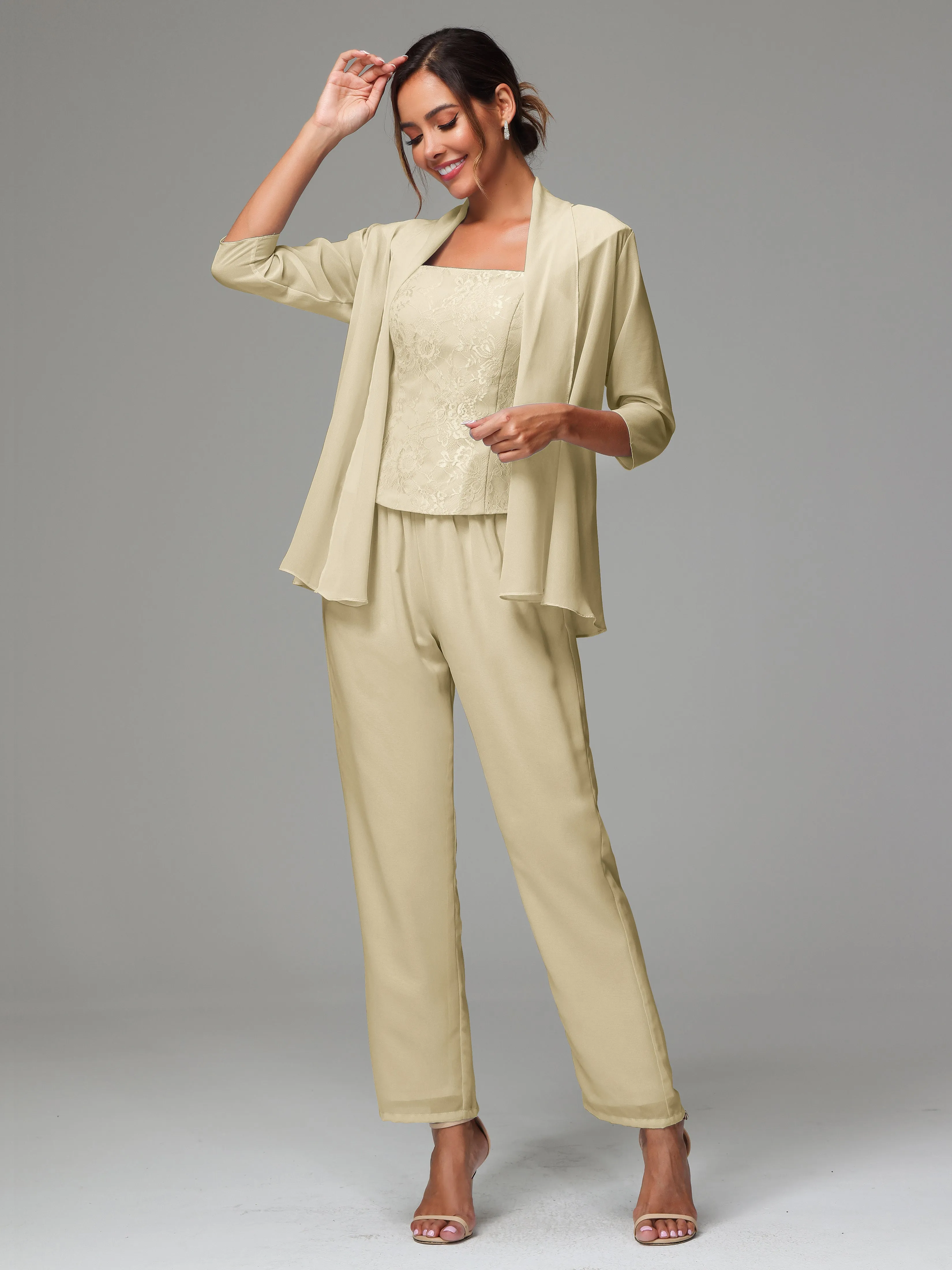 3 Pieces Chiffon Lace Long Sleeves Mother Of The Bride Dress Pants Suits