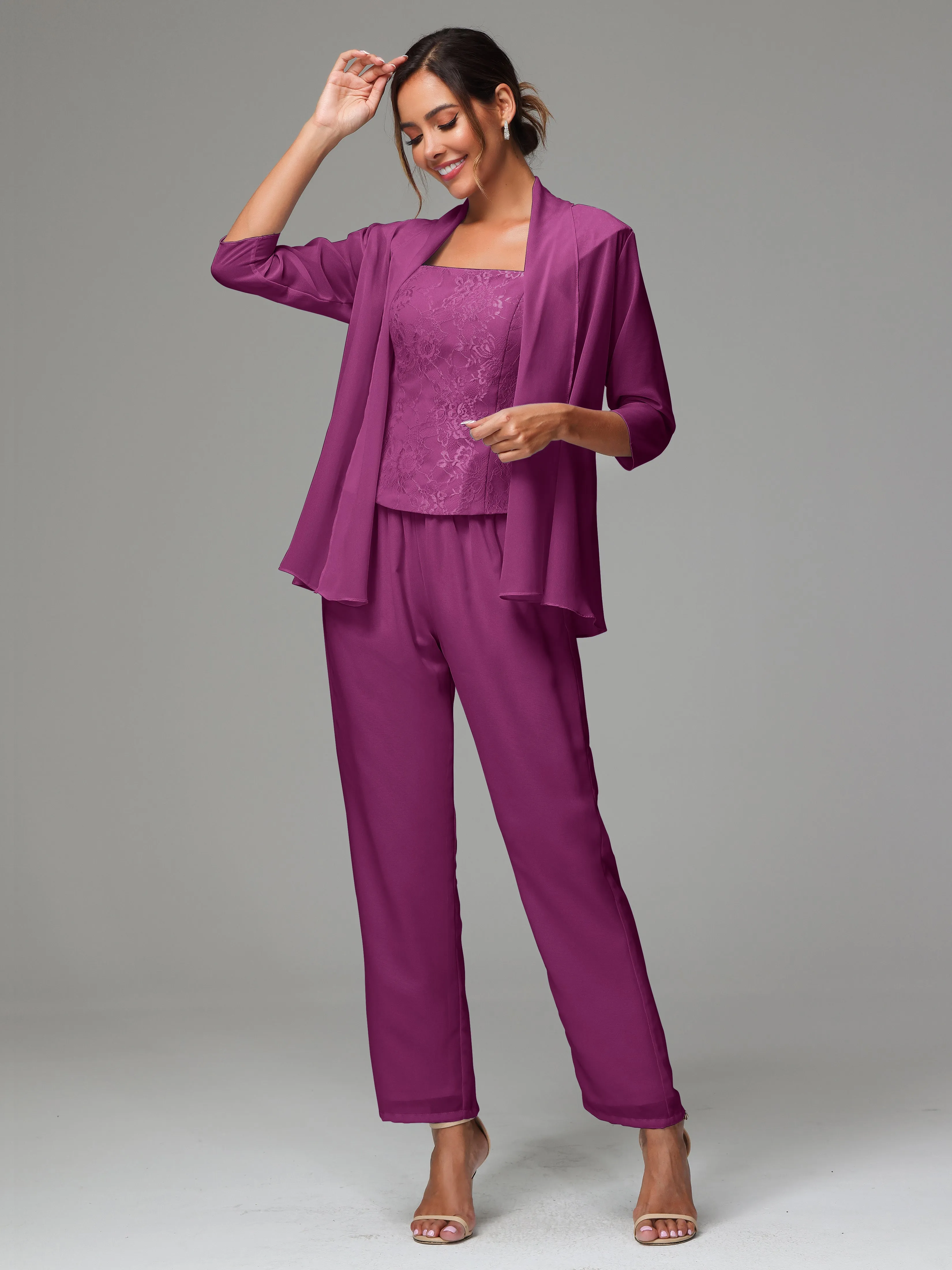 3 Pieces Chiffon Lace Long Sleeves Mother Of The Bride Dress Pants Suits