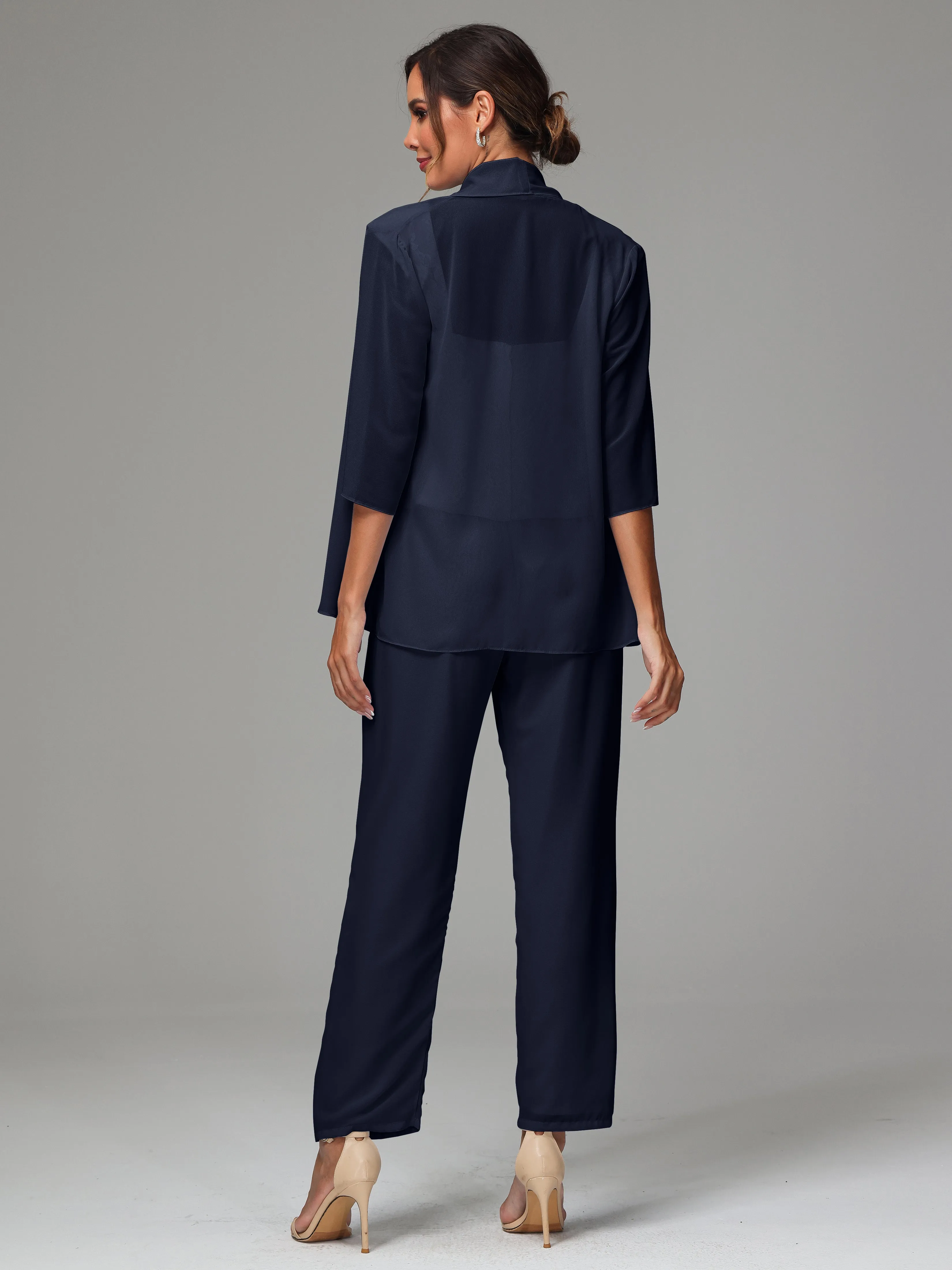 3 Pieces Chiffon Lace Long Sleeves Mother Of The Bride Dress Pants Suits